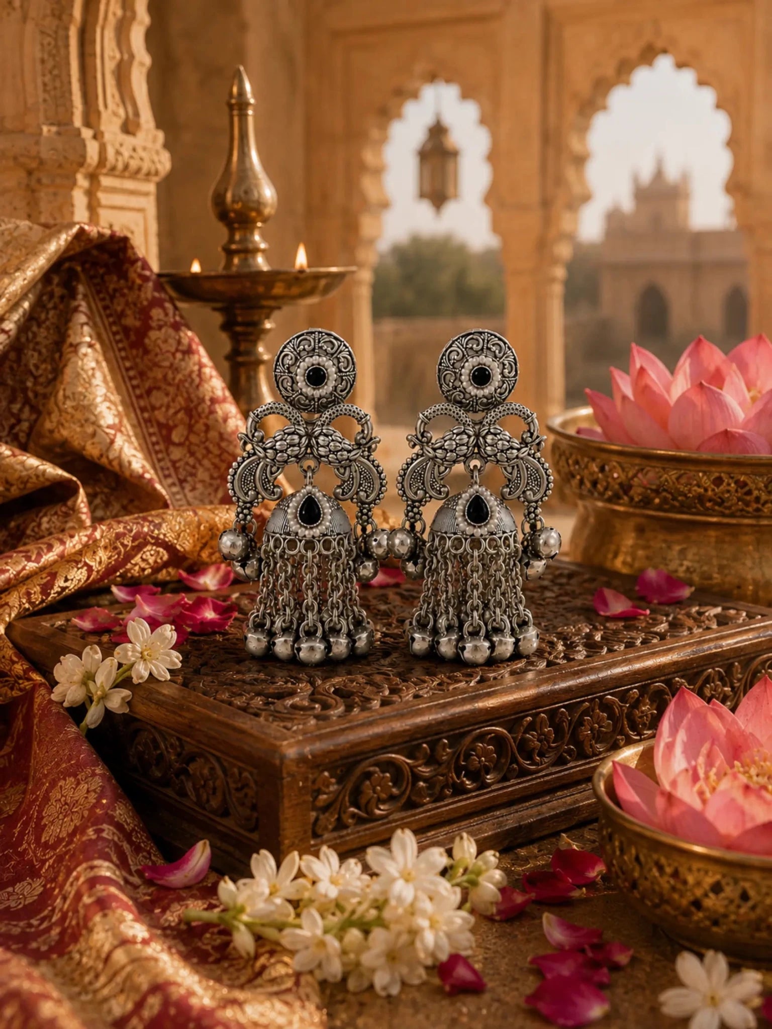 Image of GANGA German Silver with Black Rhinestones Earrings - Venyora Fashion
