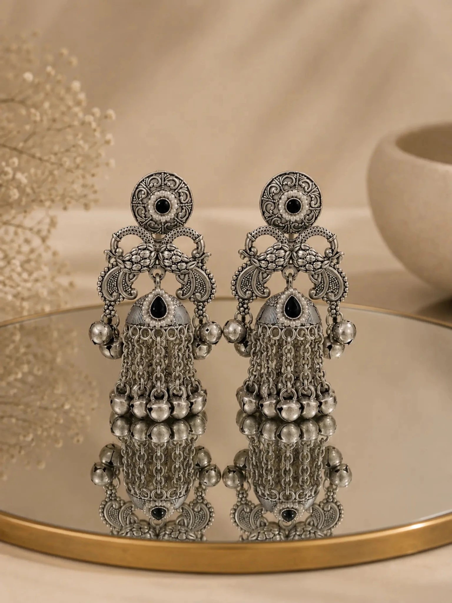 Image of GANGA German Silver with Black Rhinestones Earrings - Venyora Fashion