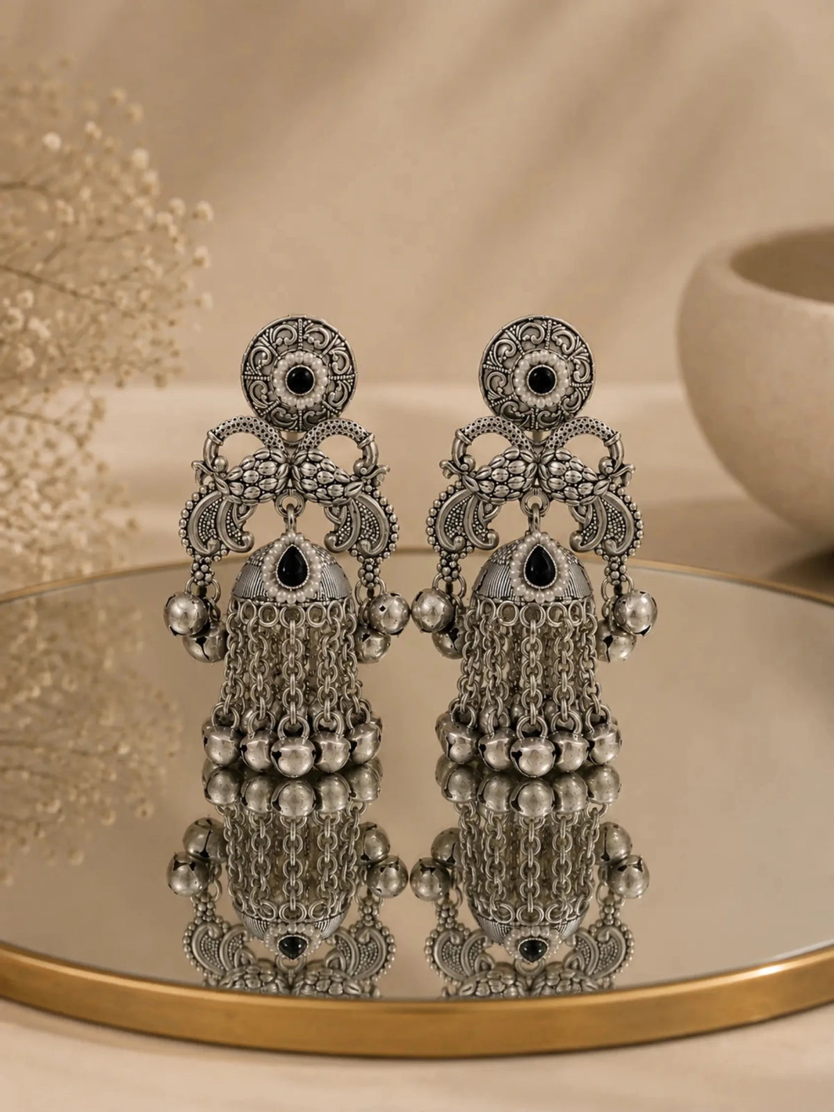 GANGA German Silver with Black Rhinestones Earrings - Venyora Fashion
