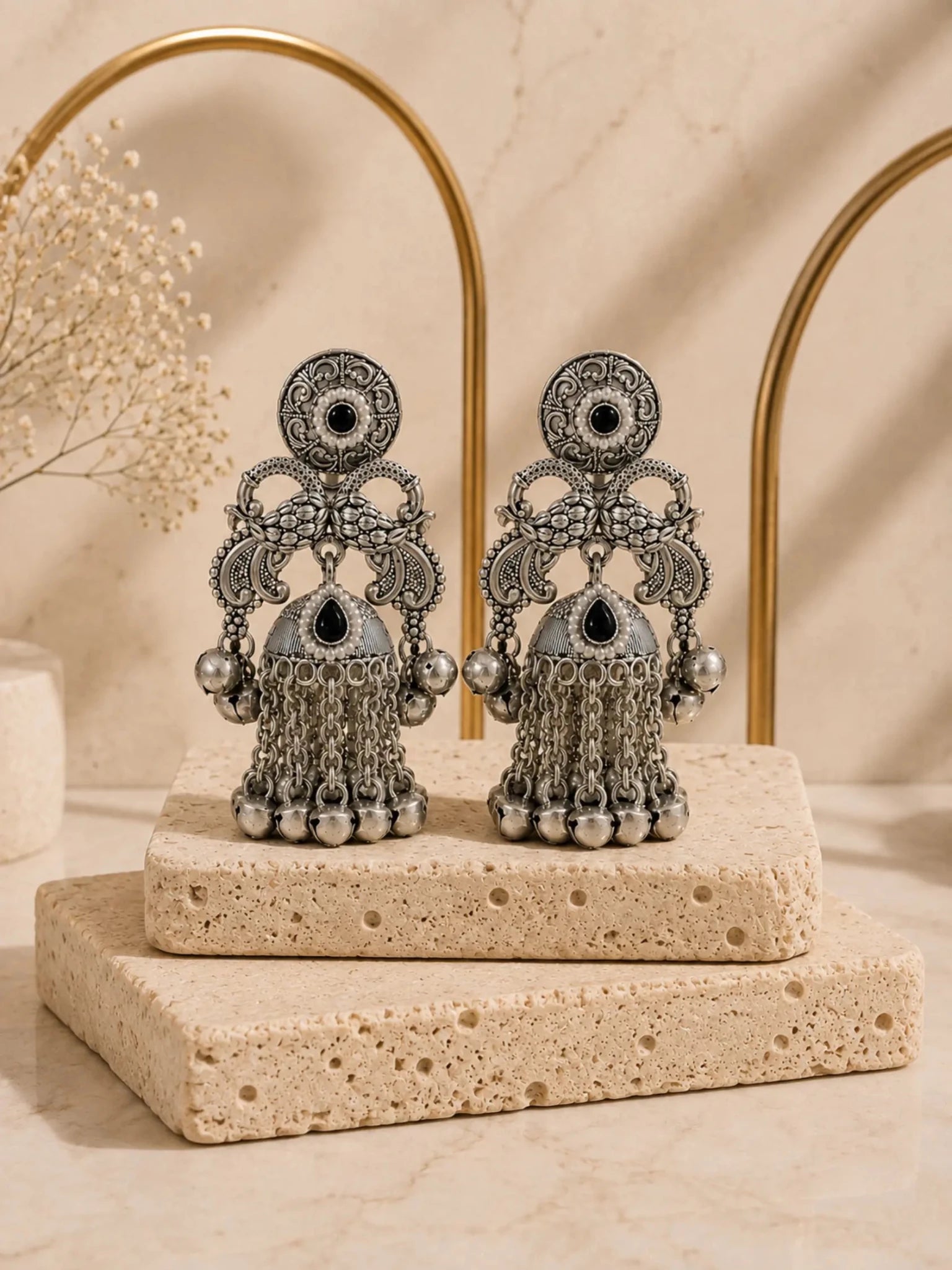 Image of GANGA German Silver with Black Rhinestones Earrings - Venyora Fashion