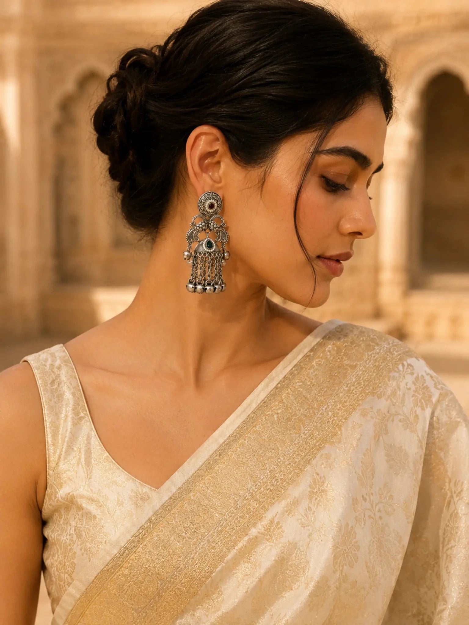 Image of GANGA German Silver with Green-Pink Rhinestones Earrings - Venyora Fashion