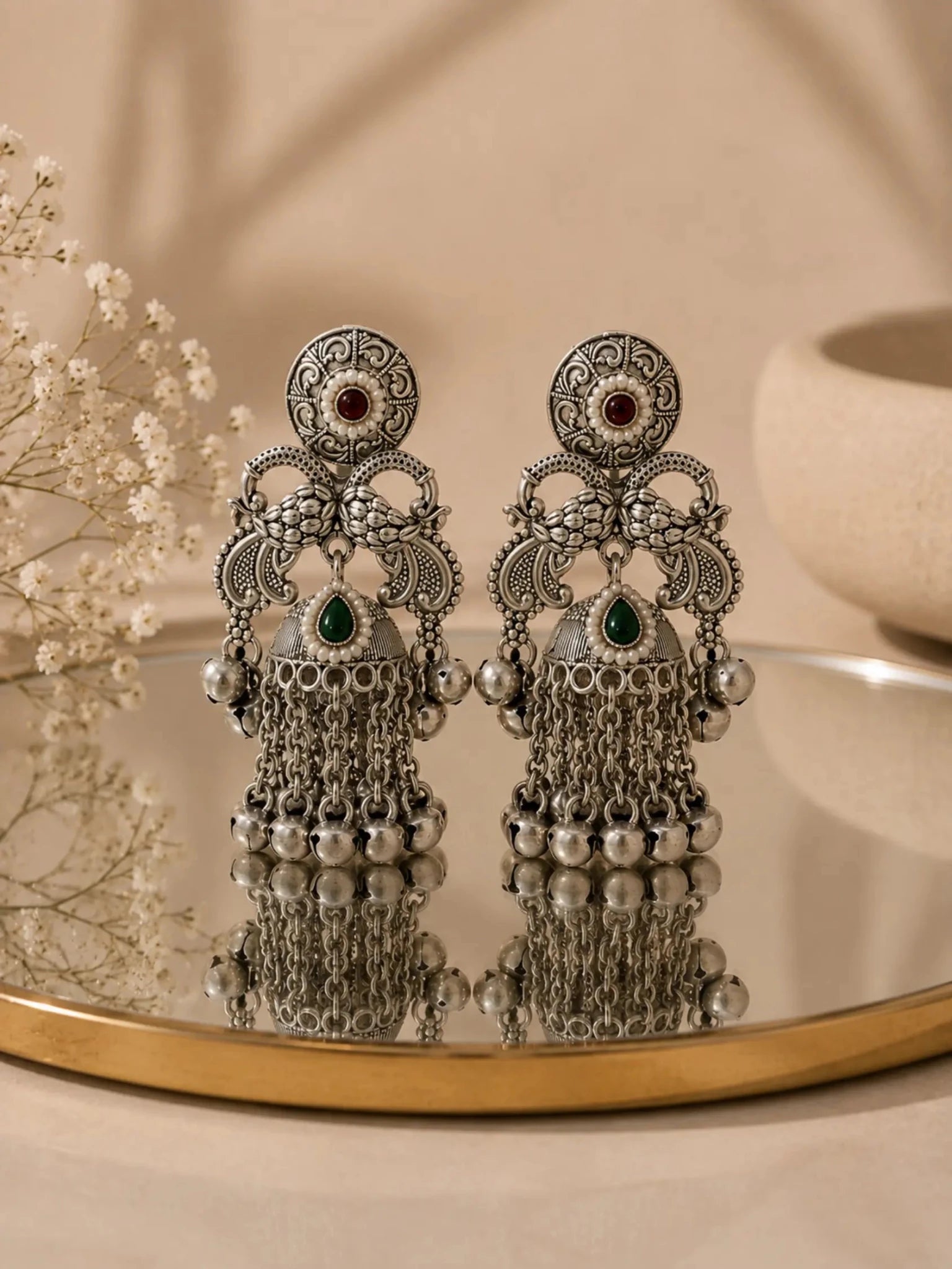 Image of GANGA German Silver with Green-Pink Rhinestones Earrings - Venyora Fashion