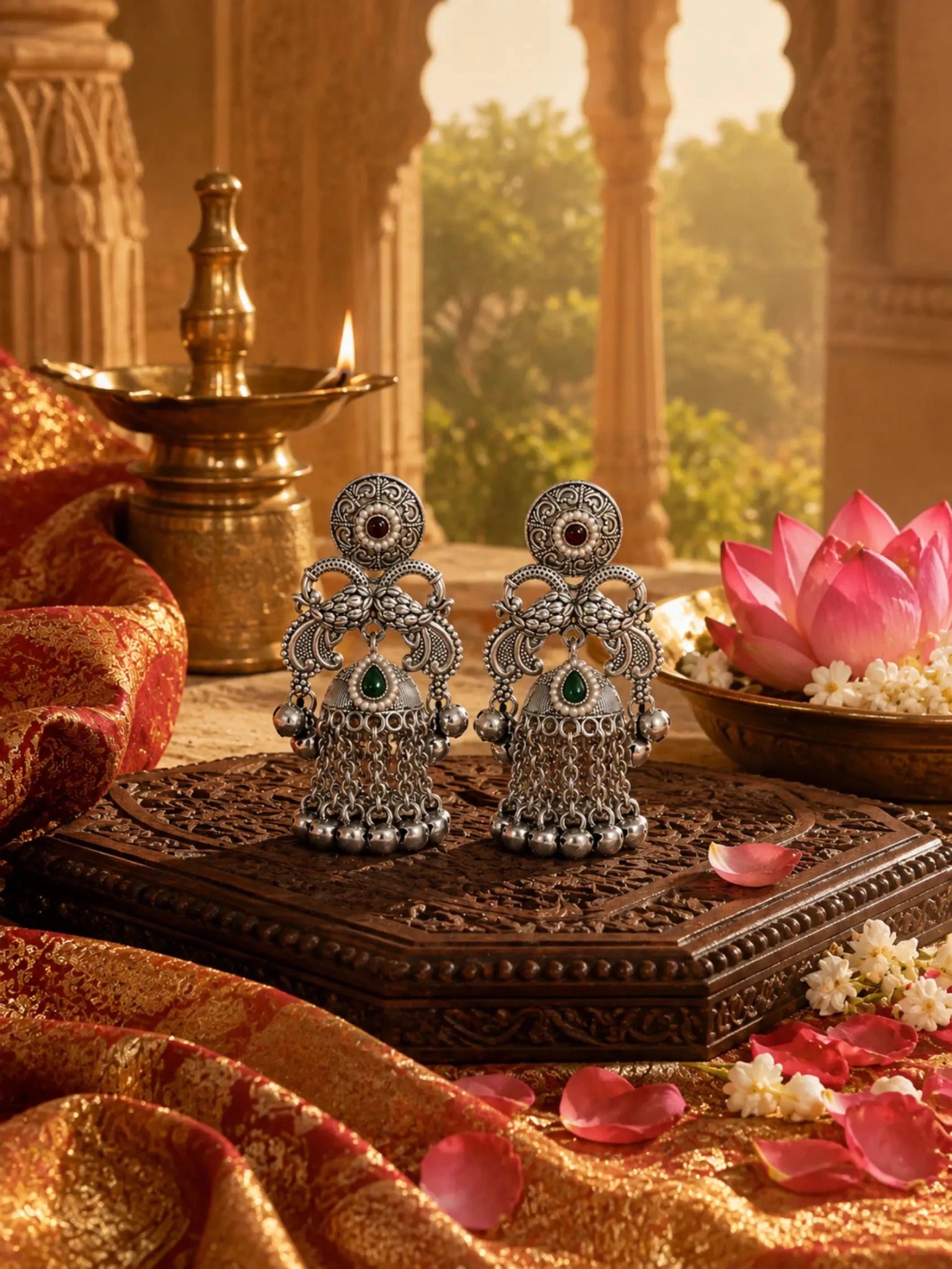 Image of GANGA German Silver with Green-Pink Rhinestones Earrings - Venyora Fashion