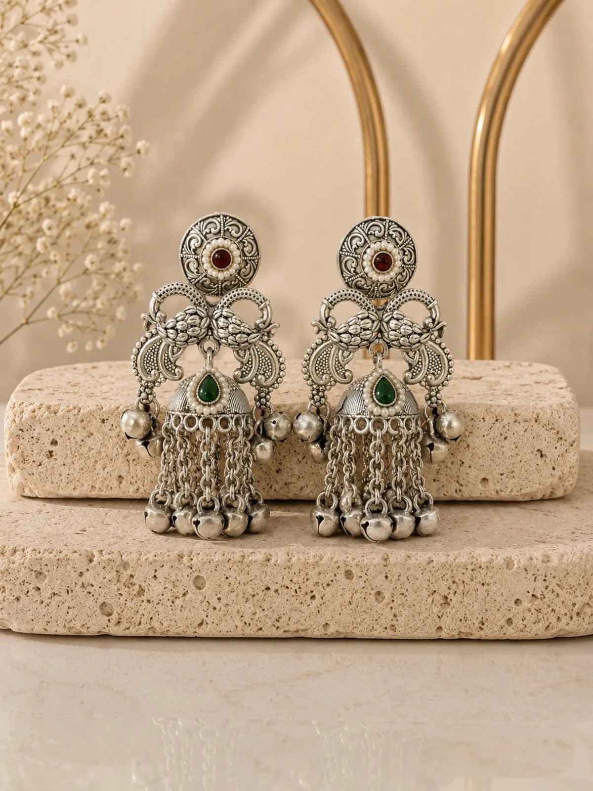 GANGA German Silver with Green-Pink Rhinestones Earrings - Venyora Fashion
