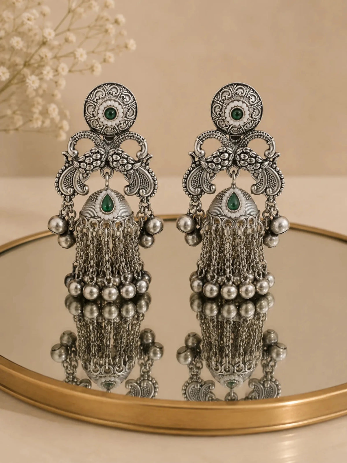 GANGA German Silver with Green Rhinestones Earrings - Venyora Fashion