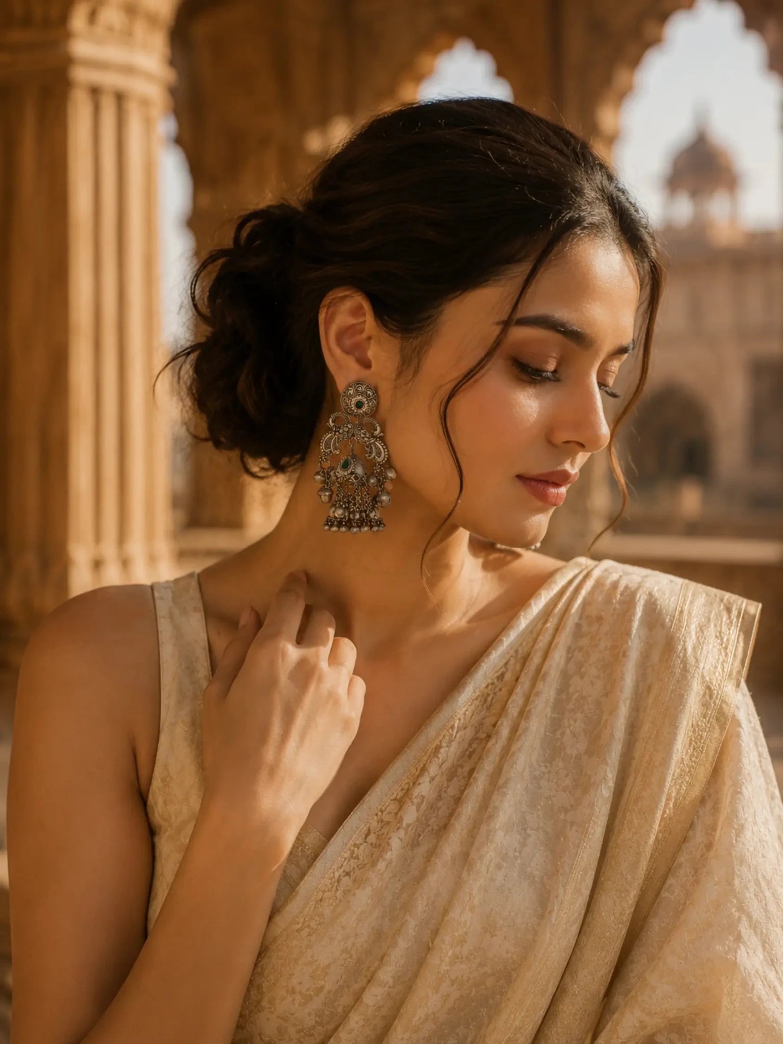 GANGA German Silver with Green Rhinestones Earrings - Venyora Fashion