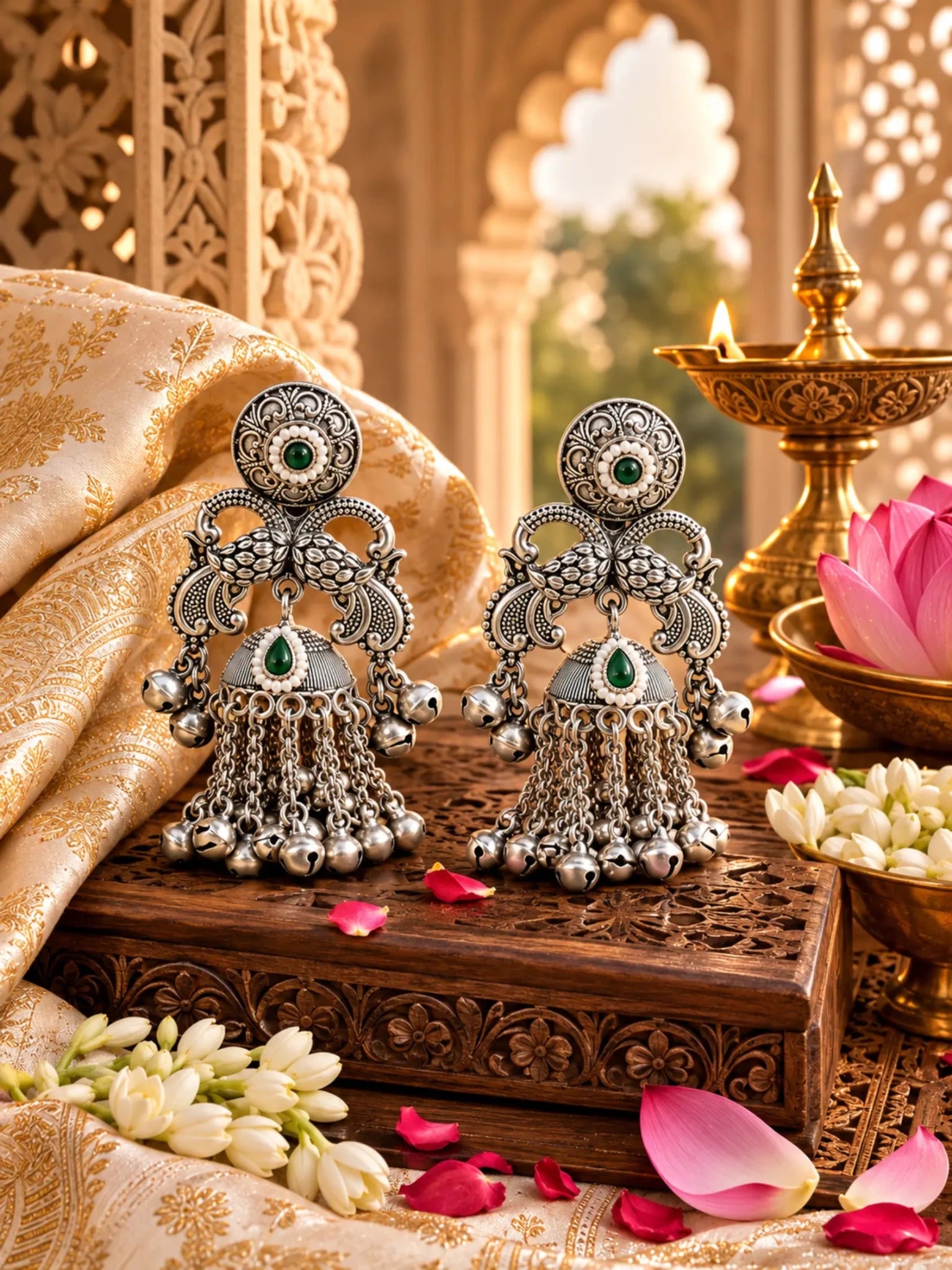 Image of GANGA German Silver with Green Rhinestones Earrings - Venyora Fashion