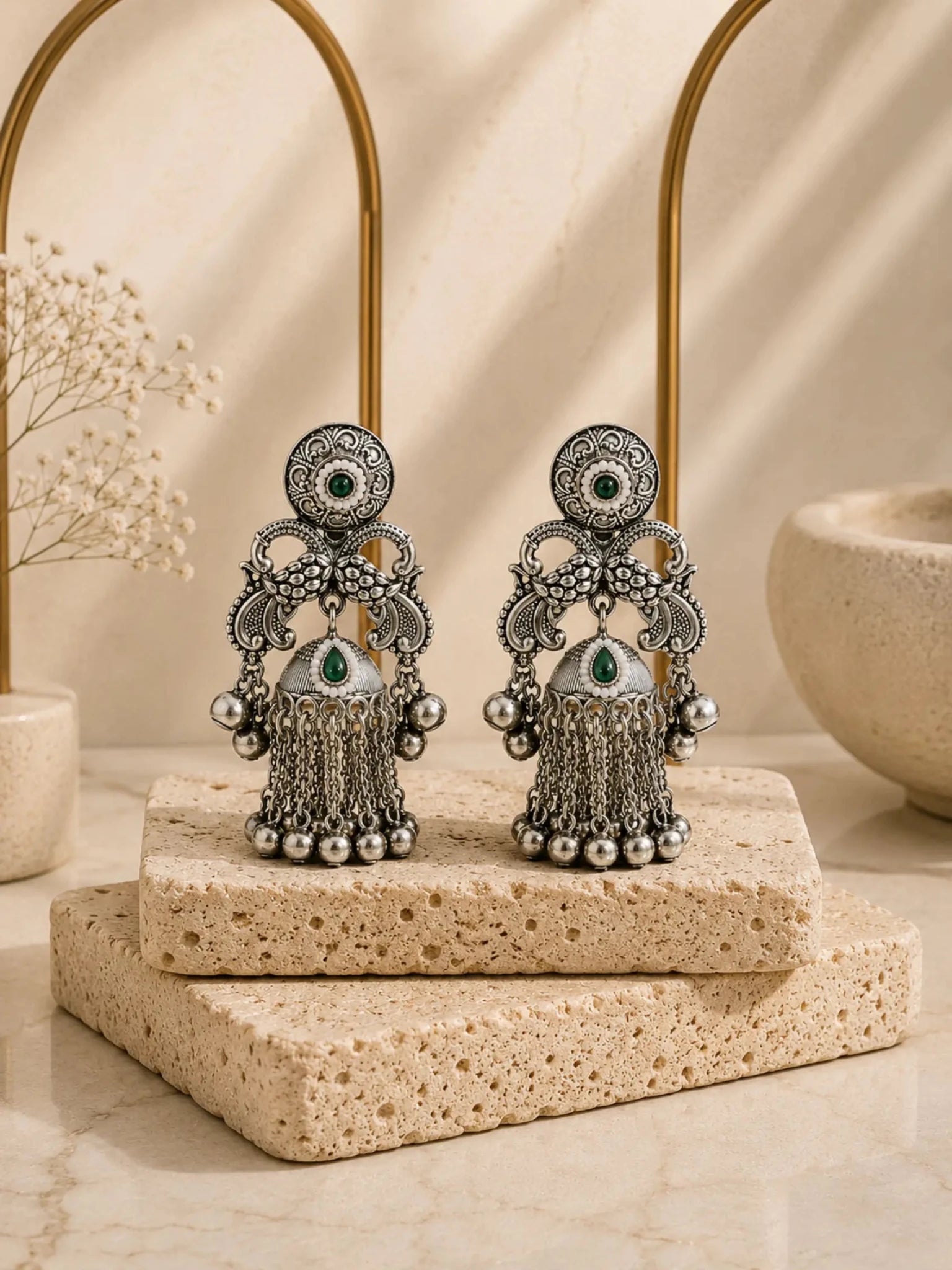 Image of GANGA German Silver with Green Rhinestones Earrings - Venyora Fashion