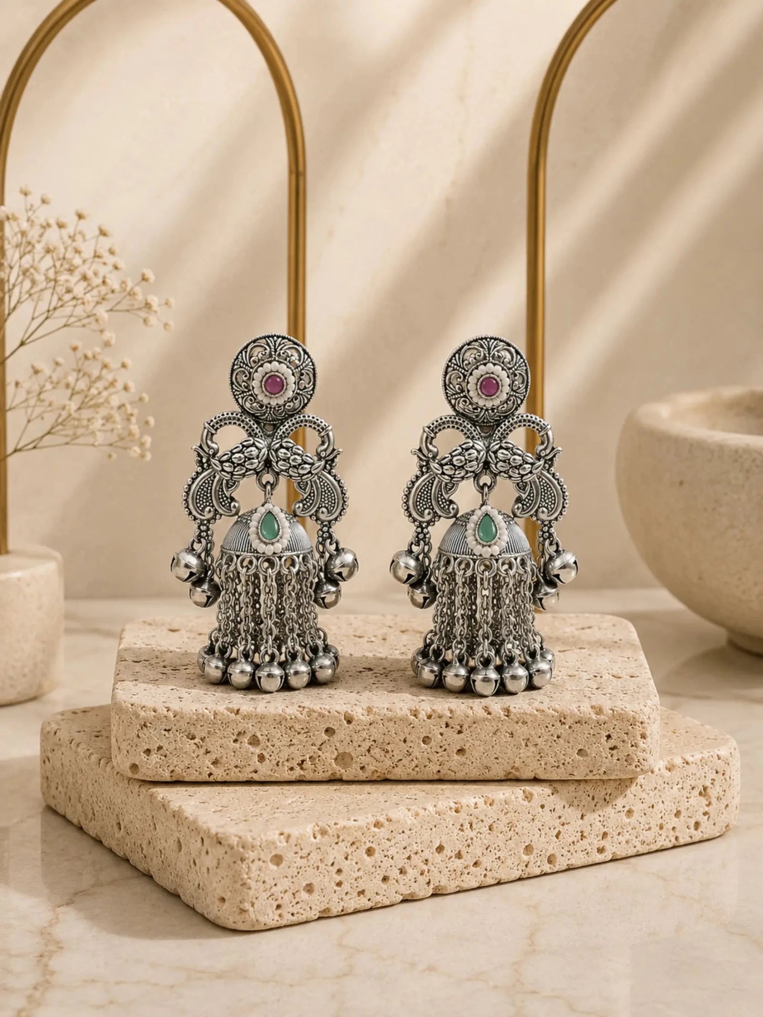 GANGA German Silver with Pastle Pink-Green Rhinestones Earrings - Venyora Fashion