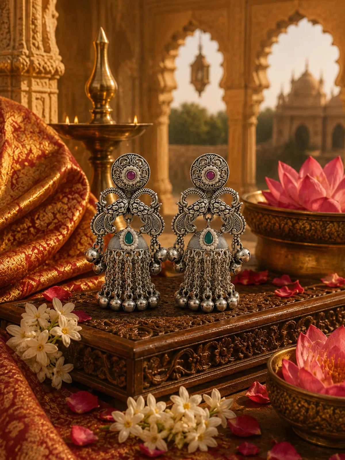 GANGA German Silver with Pastle Pink-Green Rhinestones Earrings - Venyora Fashion