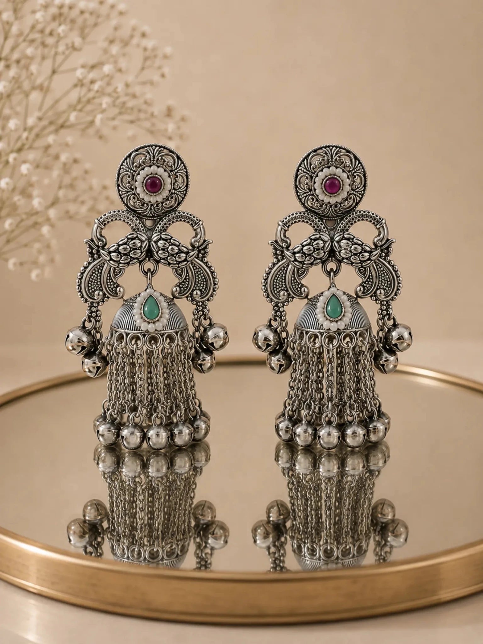 Image of GANGA German Silver with Pastle Pink-Green Rhinestones Earrings - Venyora Fashion