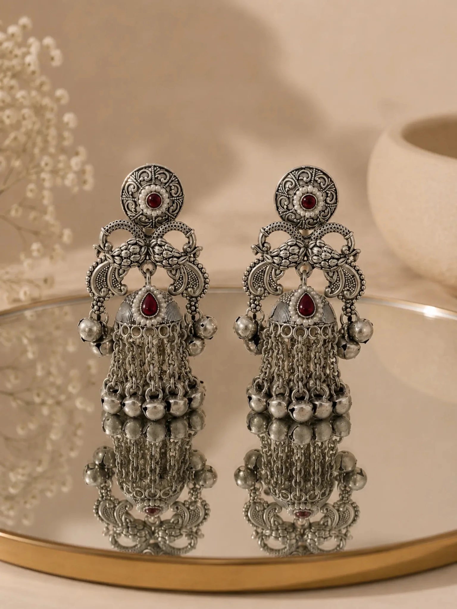 Image of GANGA German Silver with Rani Pink Rhinestones Earrings - Venyora Fashion