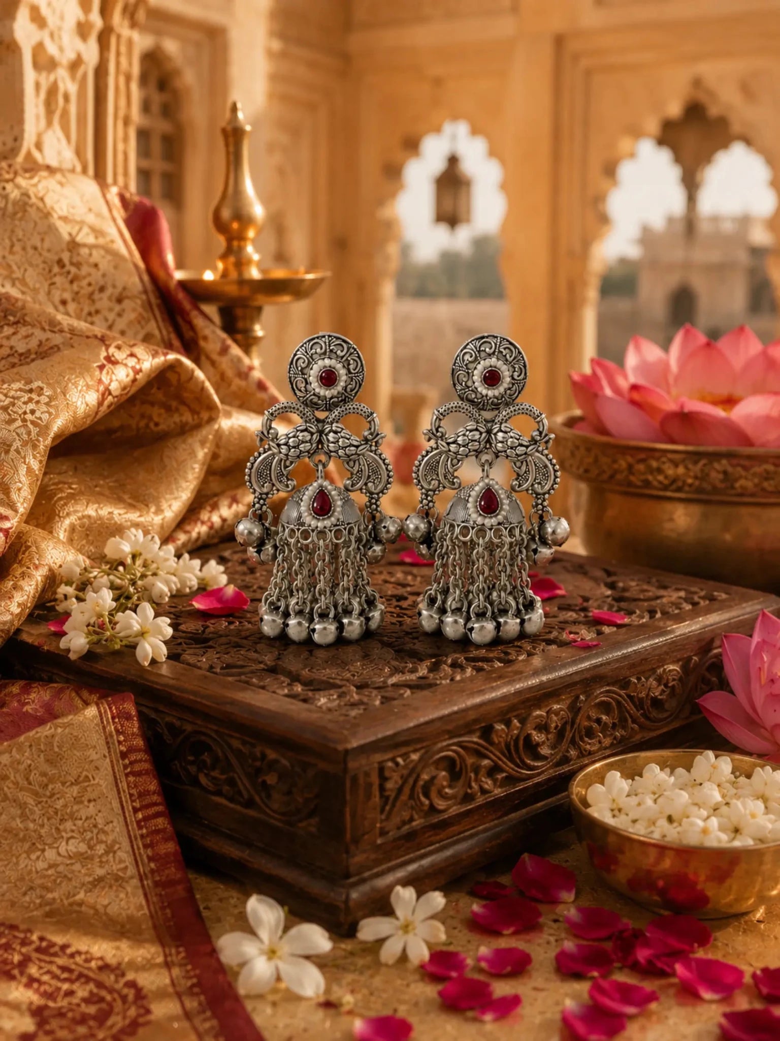 GANGA German Silver with Rani Pink Rhinestones Earrings - Venyora Fashion