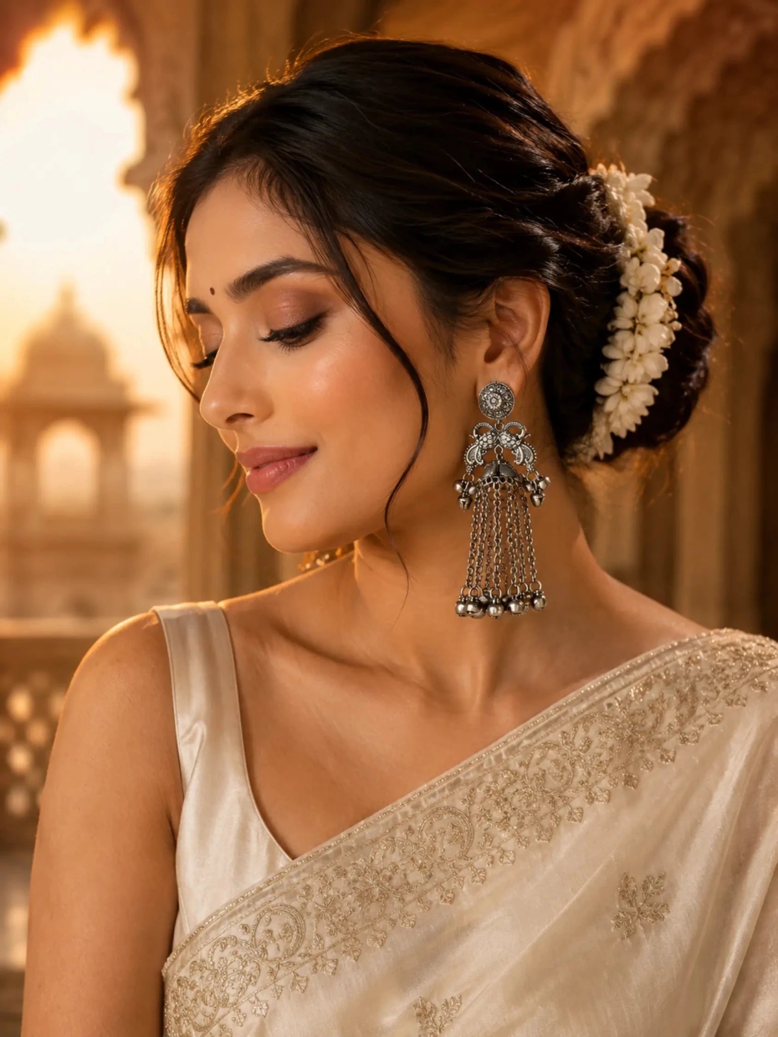 GANGA German Silver with White Rhinestones Earrings - Venyora Fashion