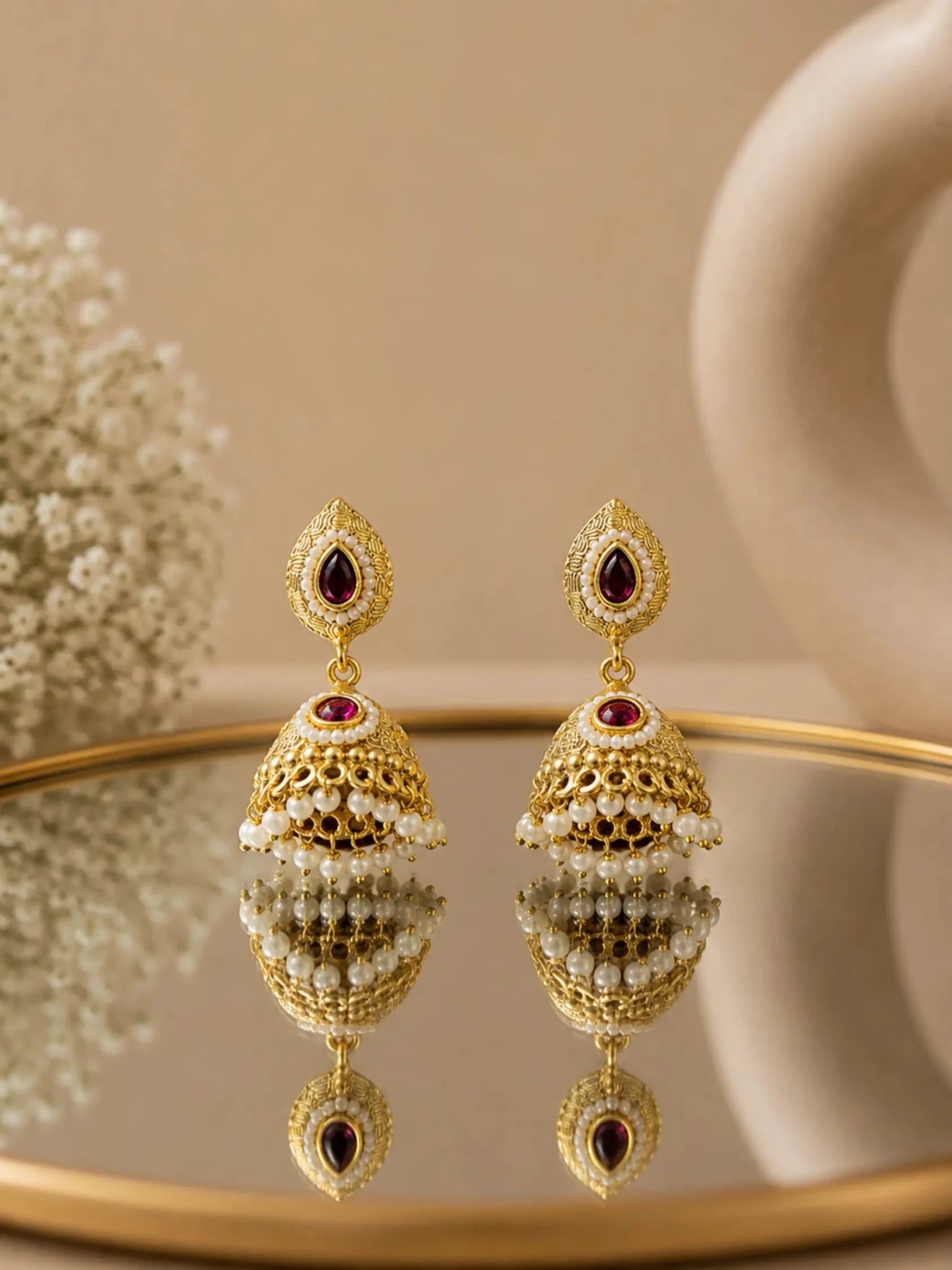 Image of Kesar Gold-plated Ghumat Jhumki Earrings - Venyora Fashion