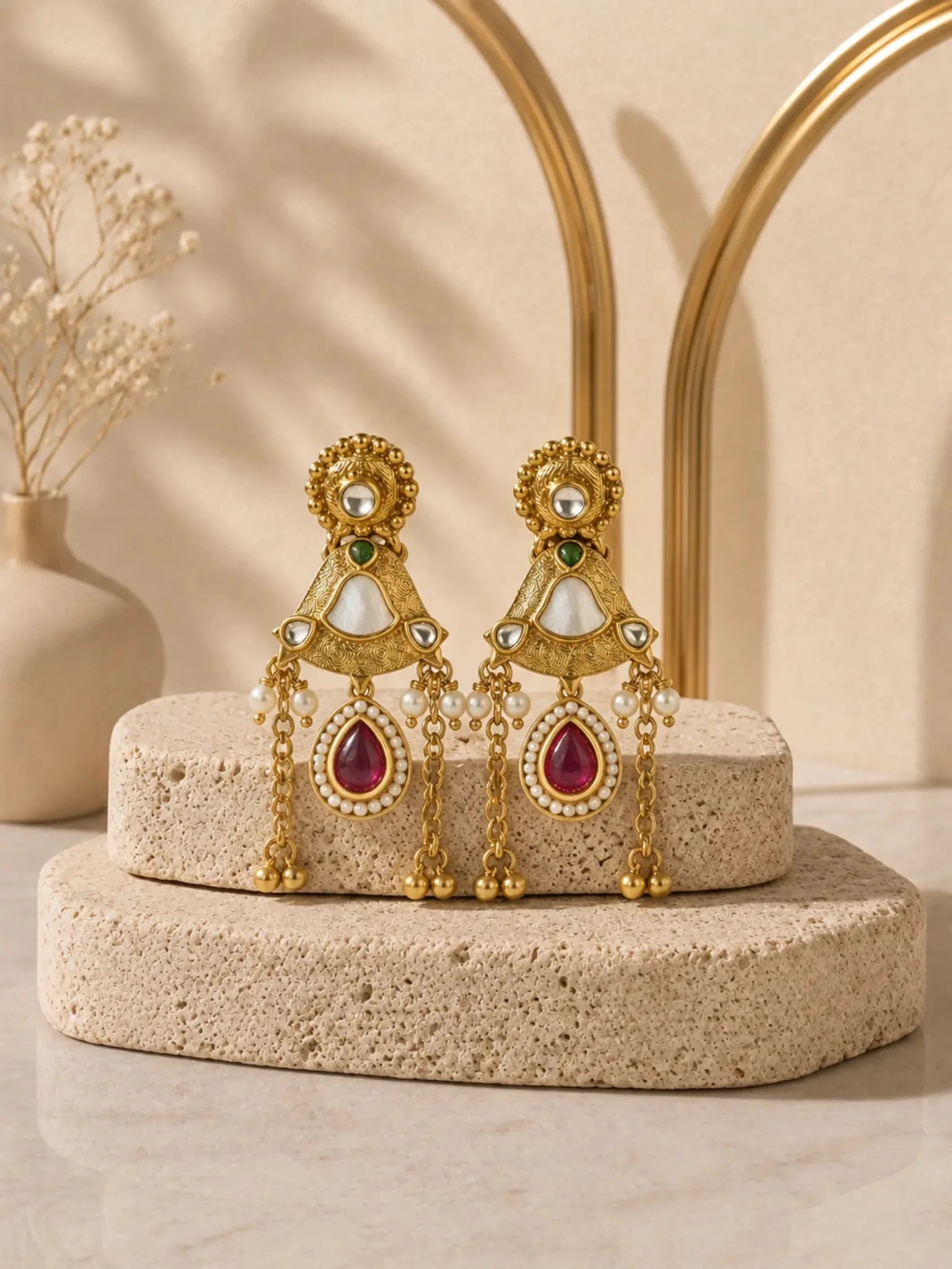 Image of MOGRA Gold-Plated Multicolor Stone Detailing Earrings - Venyora Fashion