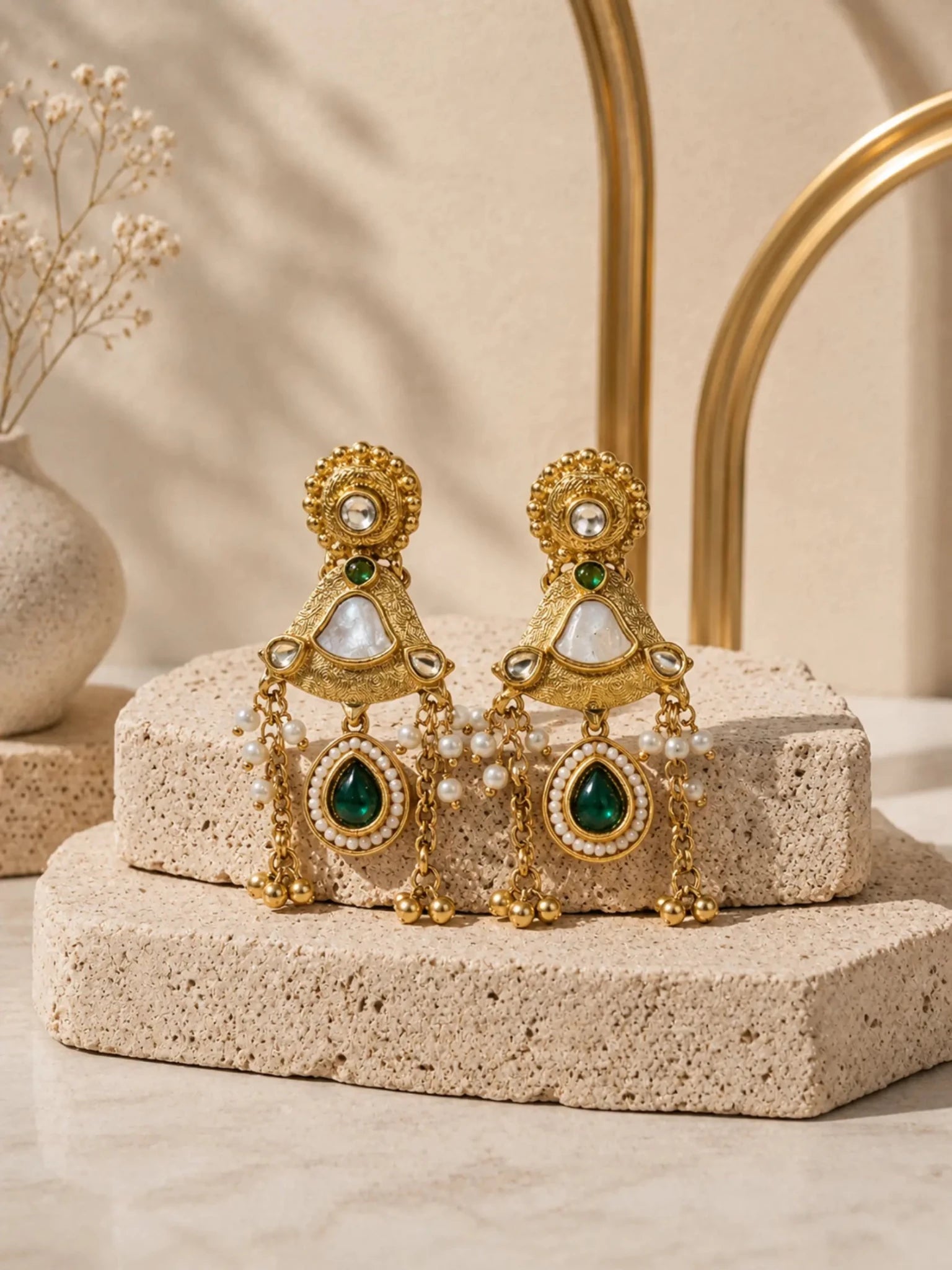 MOGRA Gold-Plated White-Green Stone Detailing Earrings