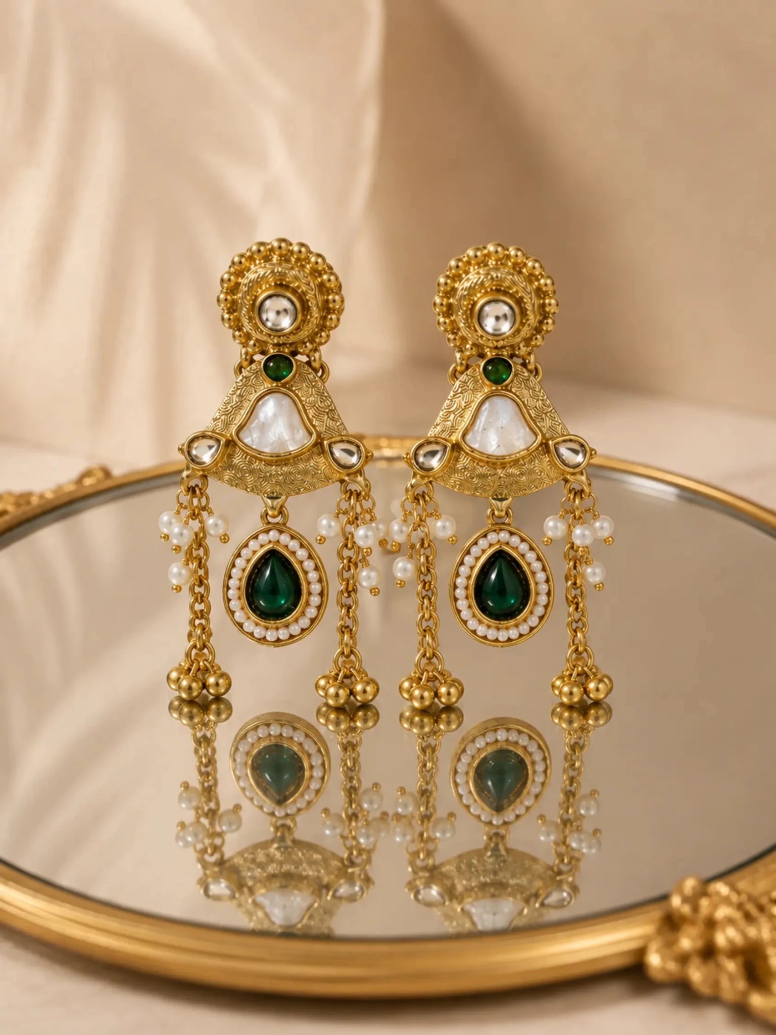 Image of MOGRA Gold-Plated White-Green Stone Detailing Earrings - Venyora Fashion