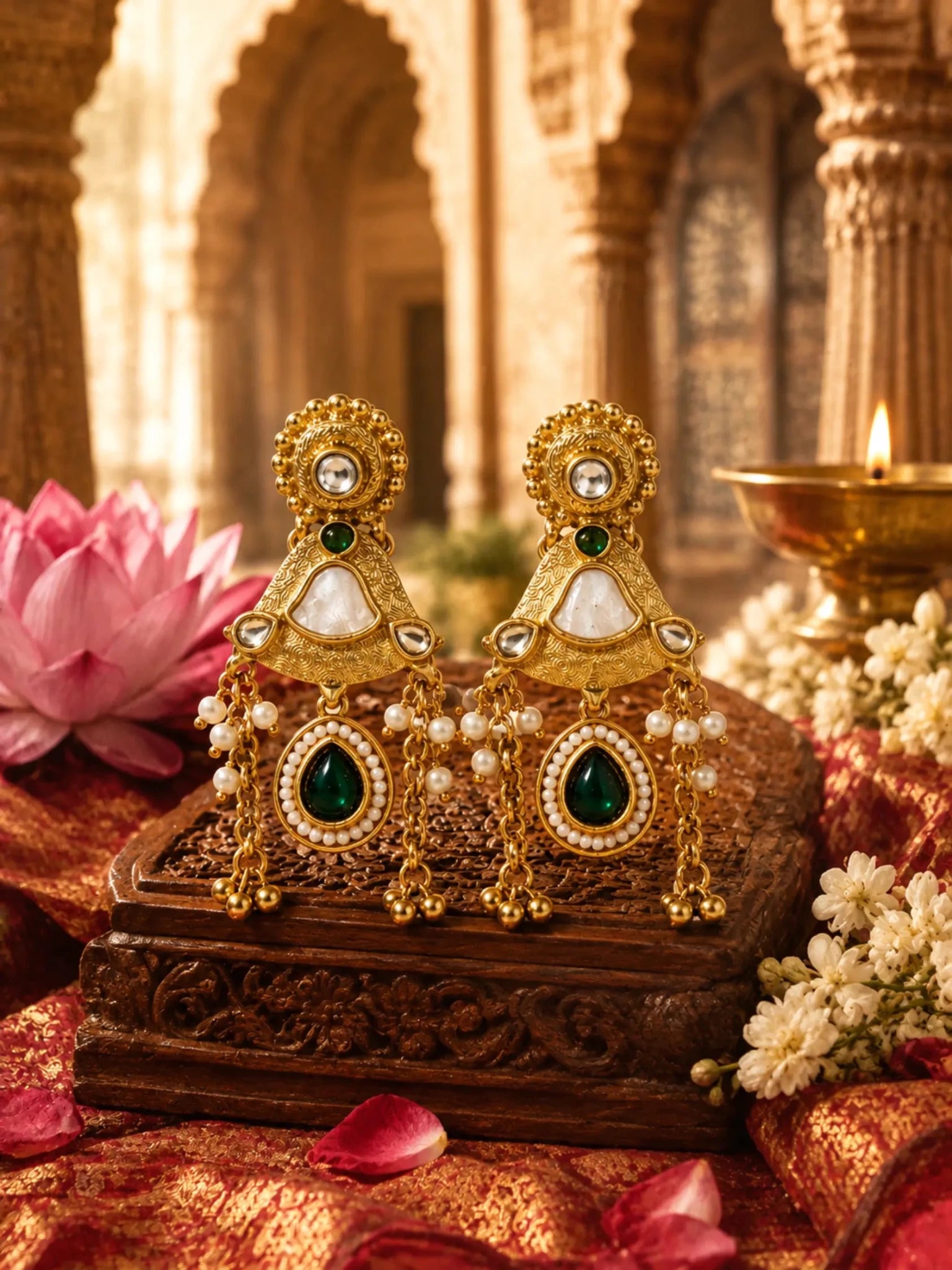 Image of MOGRA Gold-Plated White-Green Stone Detailing Earrings - Venyora Fashion