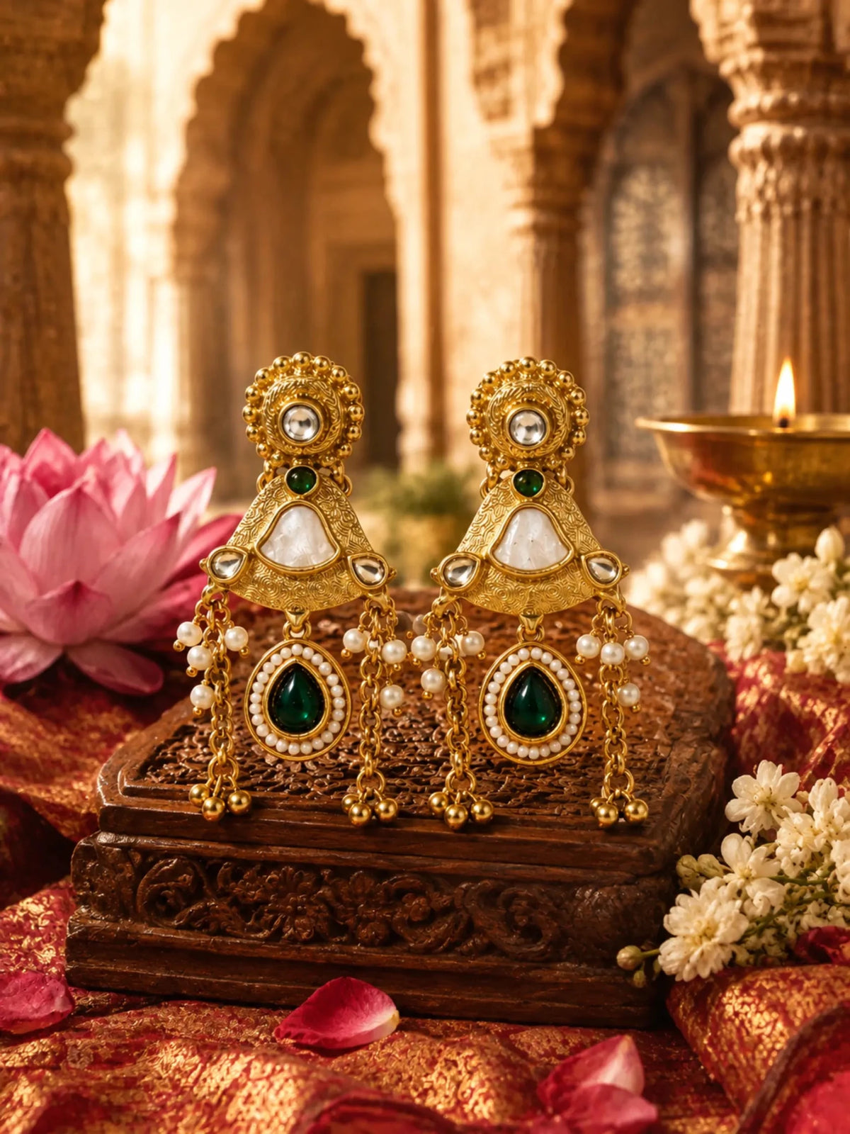MOGRA Gold-Plated White-Green Stone Detailing Earrings - Venyora Fashion