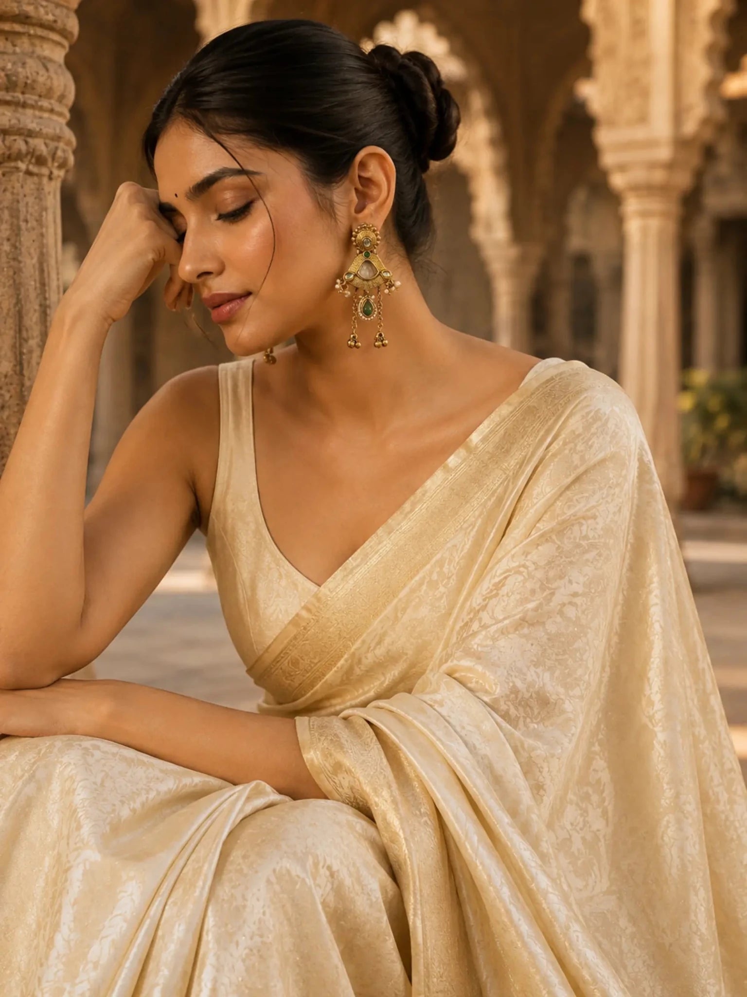 Image of MOGRA Gold-Plated White-Green Stone Detailing Earrings - Venyora Fashion