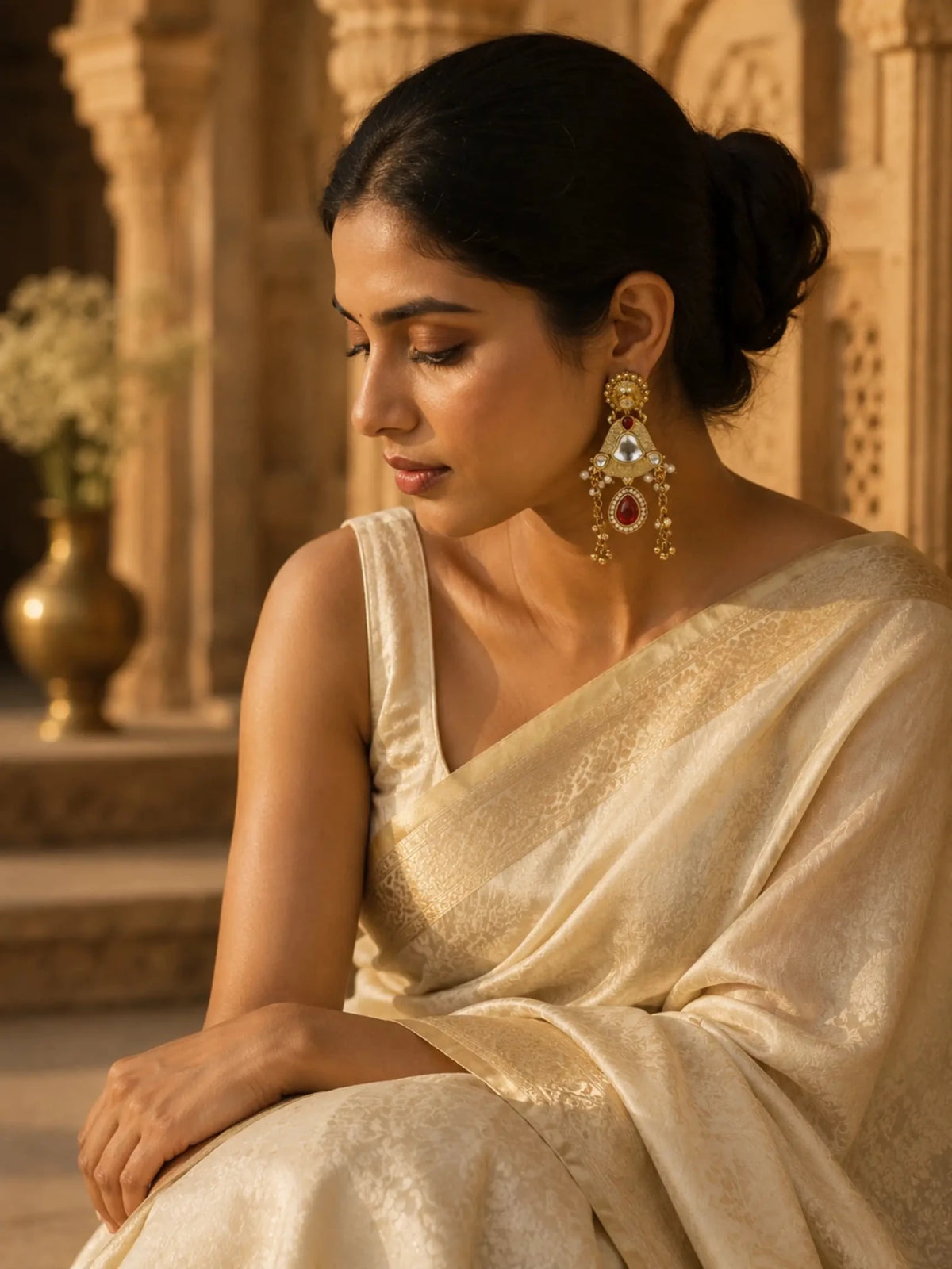 MOGRA Gold-Plated White-PINK Stone Detailing Earrings - Venyora Fashion