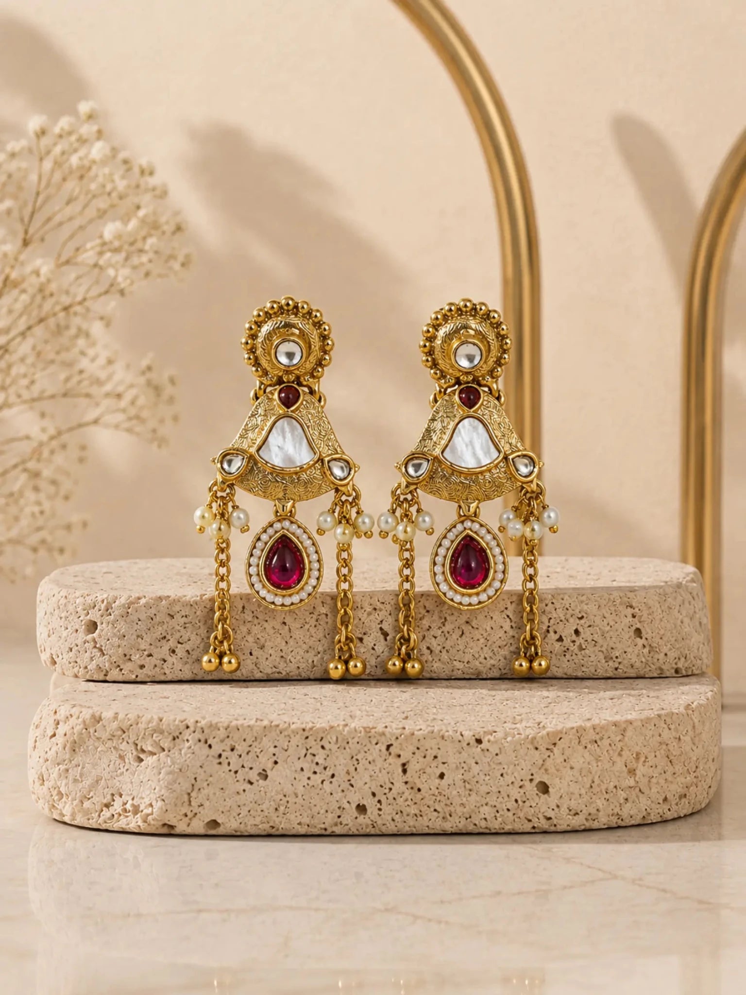 MOGRA Gold-Plated White-PINK Stone Detailing Earrings
