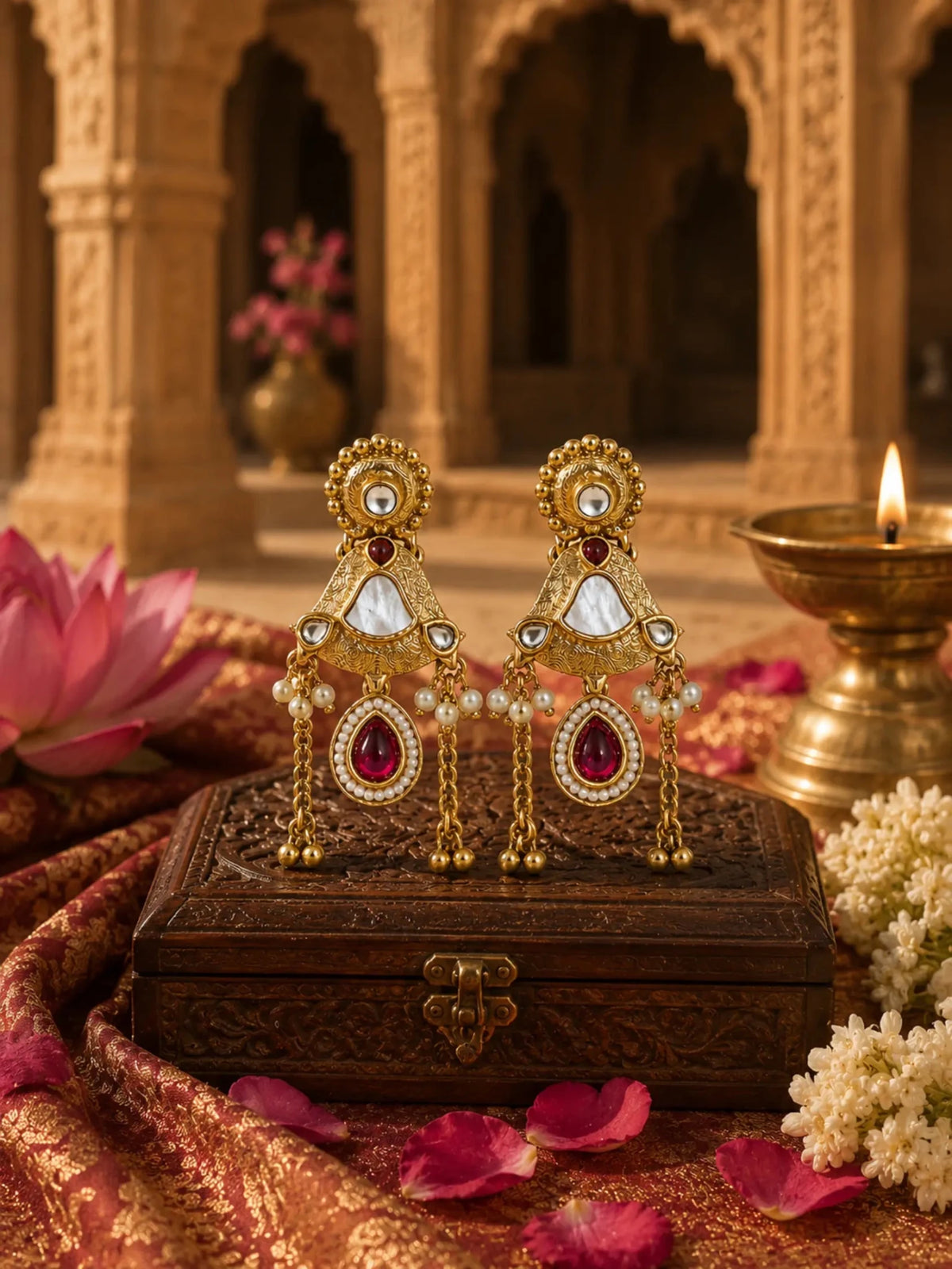 MOGRA Gold-Plated White-PINK Stone Detailing Earrings - Venyora Fashion