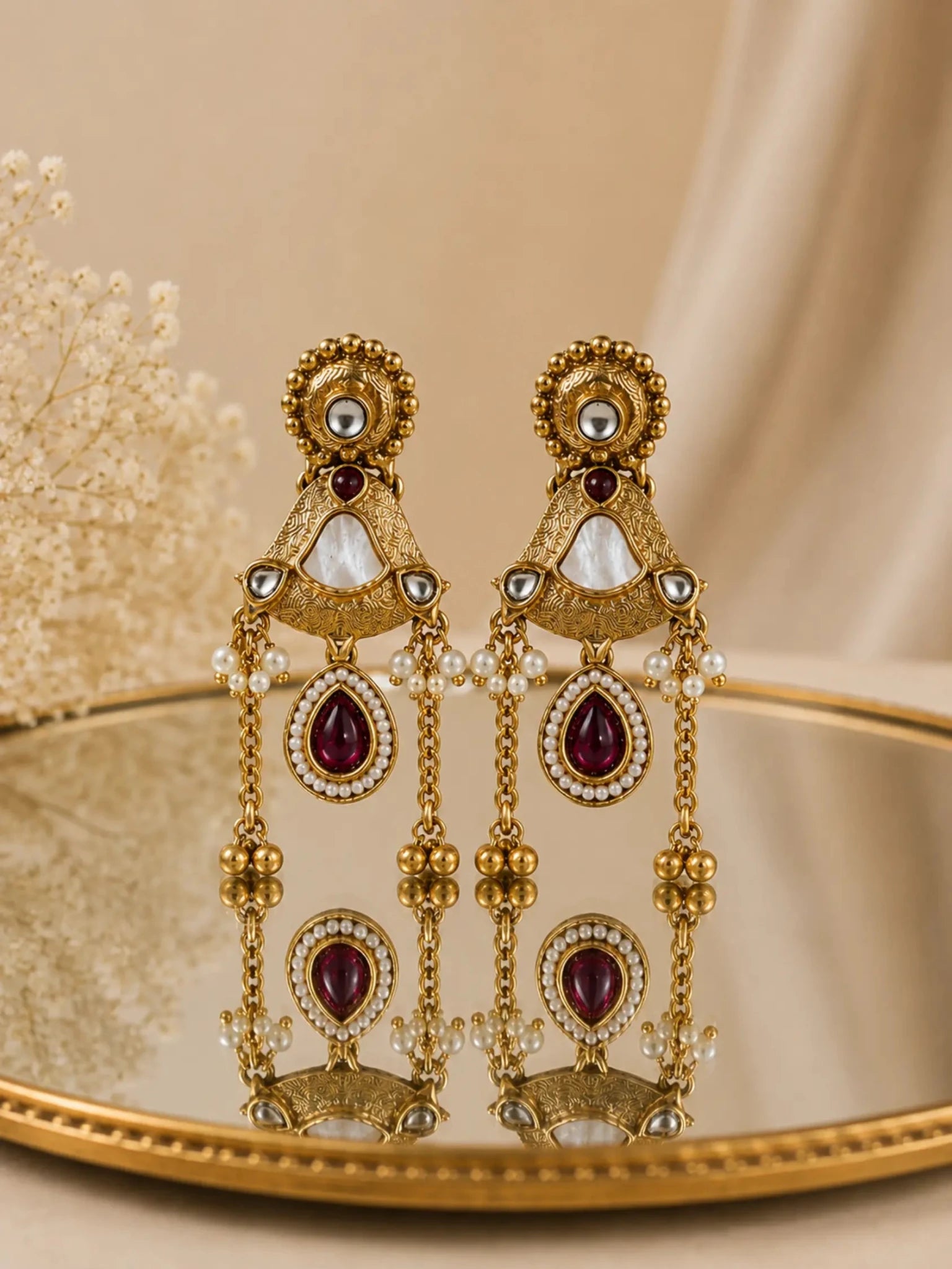 Image of MOGRA Gold-Plated White-PINK Stone Detailing Earrings - Venyora Fashion