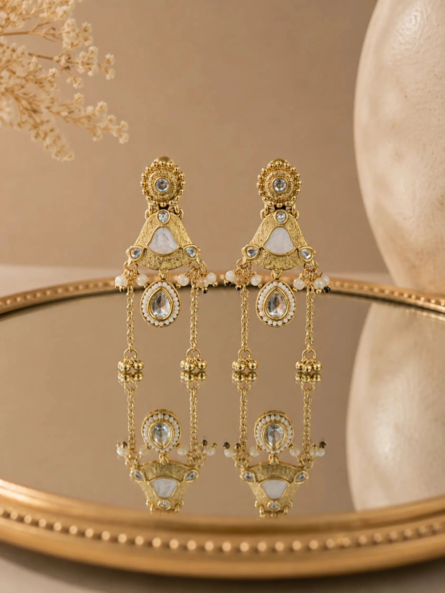 Image of MOGRA Gold-Plated White Stone Detailing Earrings - Venyora Fashion