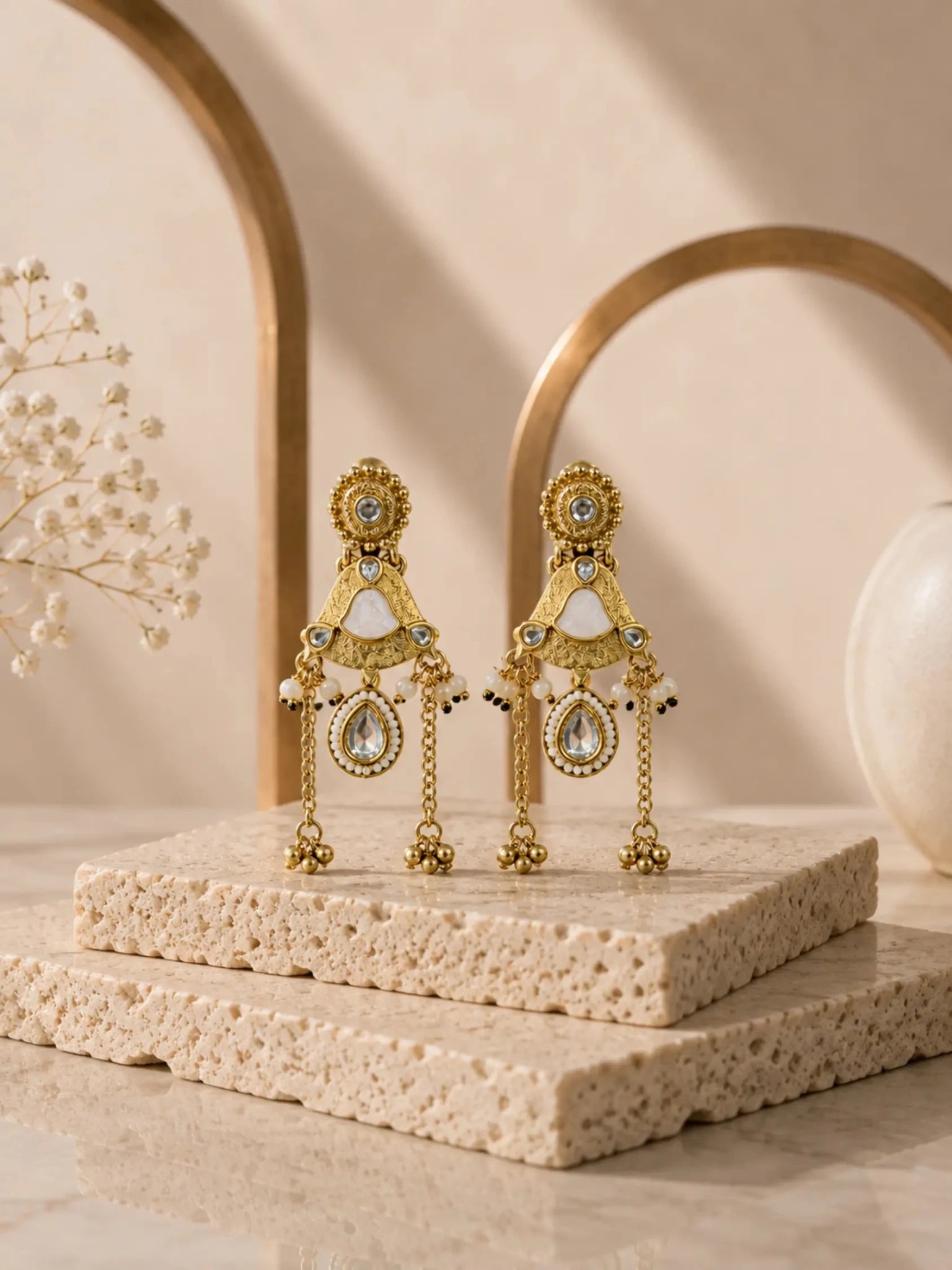 Image of MOGRA Gold-Plated White Stone Detailing Earrings - Venyora Fashion