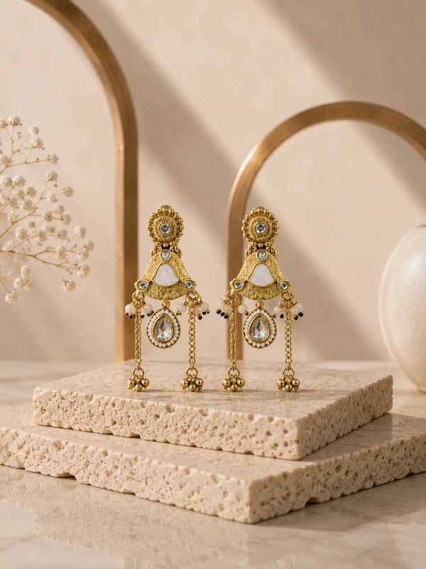 MOGRA Gold-Plated White Stone Detailing Earrings - Venyora Fashion