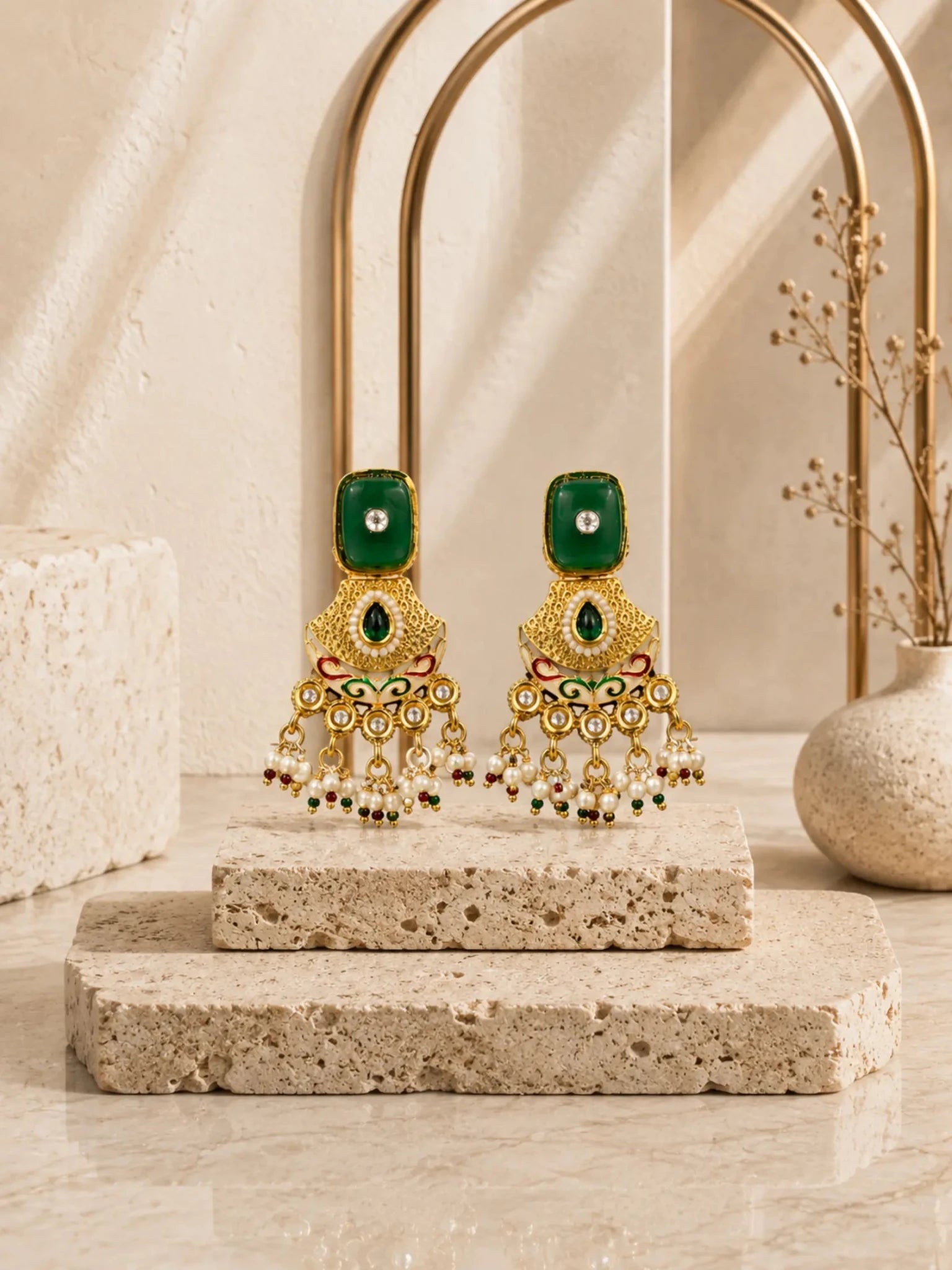 Image of RUH Gold-Plated Bottle Green Rhinestone Accent Earrings - Venyora Fashion