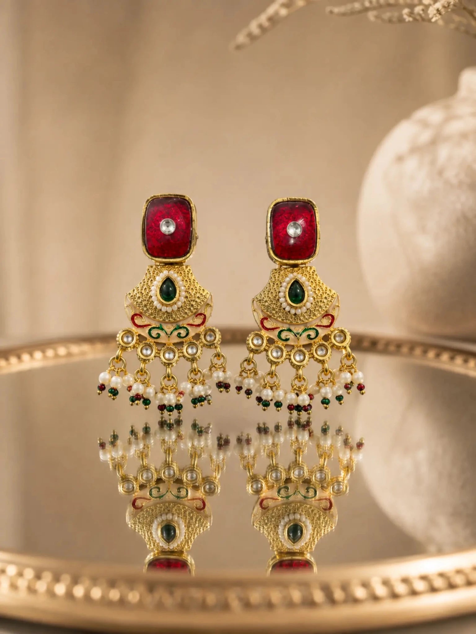 Image of RUH Gold-Plated Maroon Rhinestone Accent Earrings - Venyora Fashion