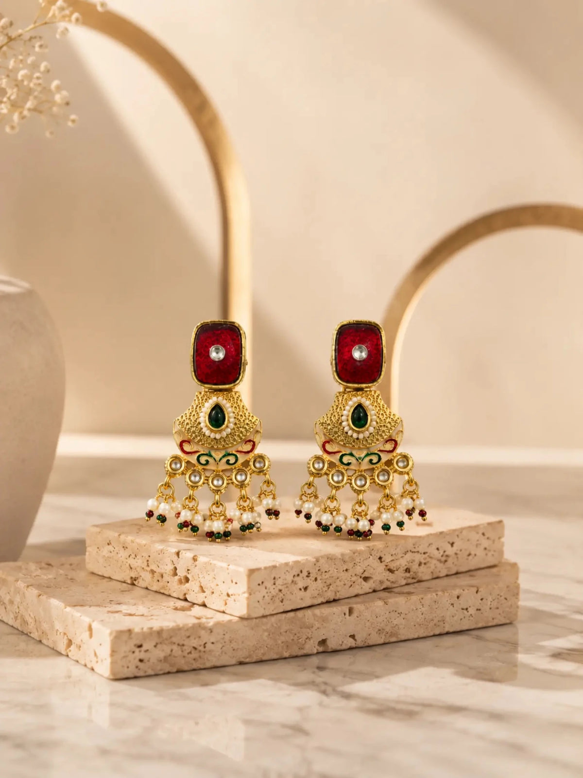 RUH Gold-Plated Maroon Rhinestone Accent Earrings