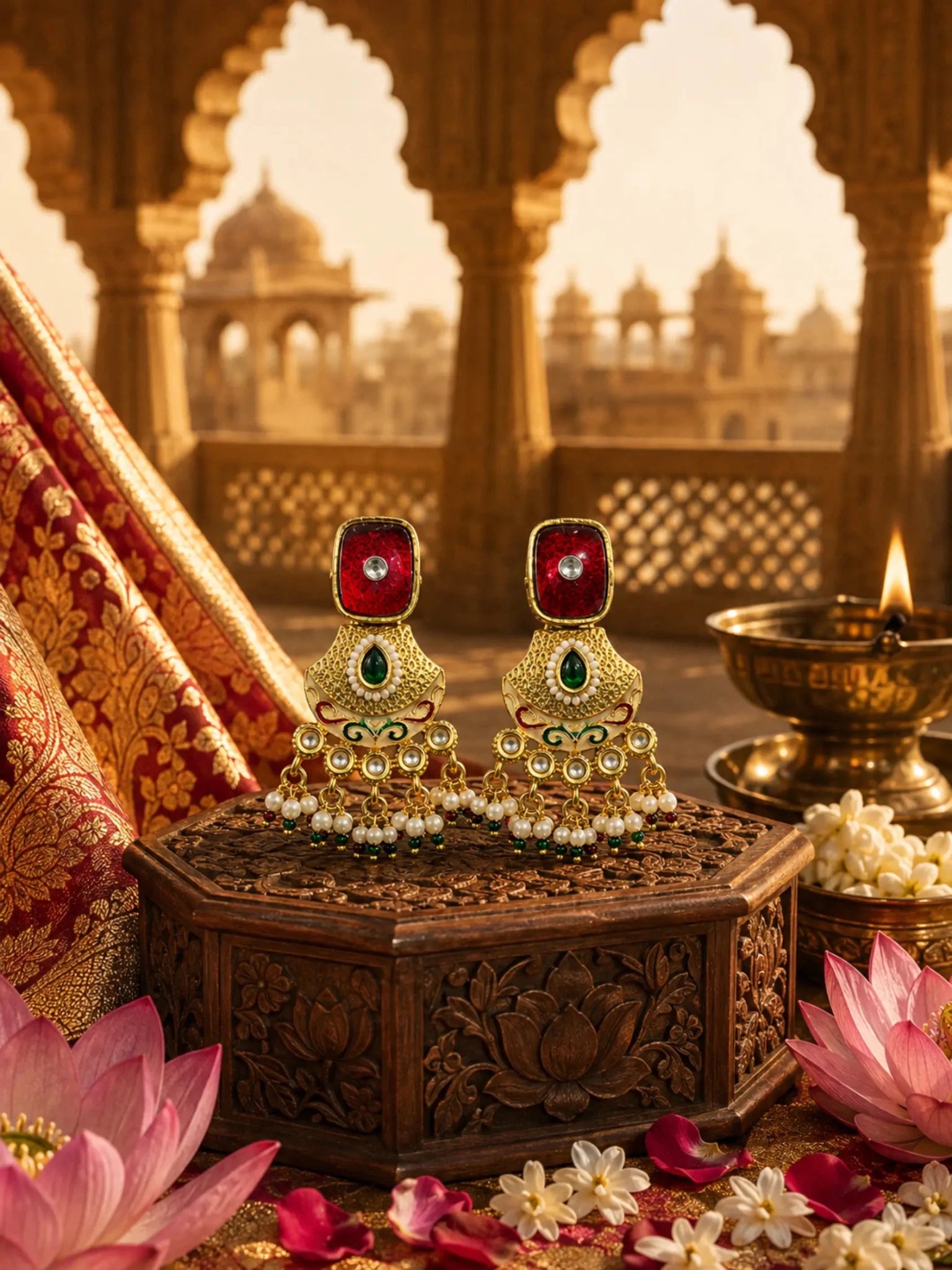 Image of RUH Gold-Plated Maroon Rhinestone Accent Earrings - Venyora Fashion