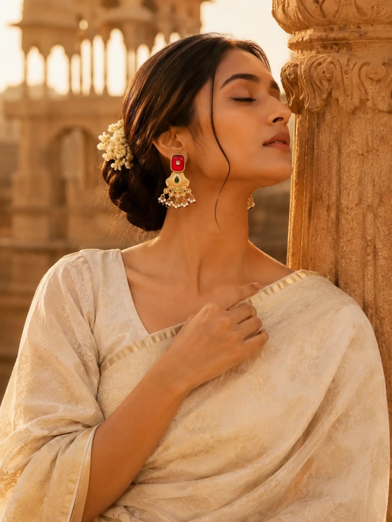 Image of RUH Gold-Plated Maroon Rhinestone Accent Earrings - Venyora Fashion