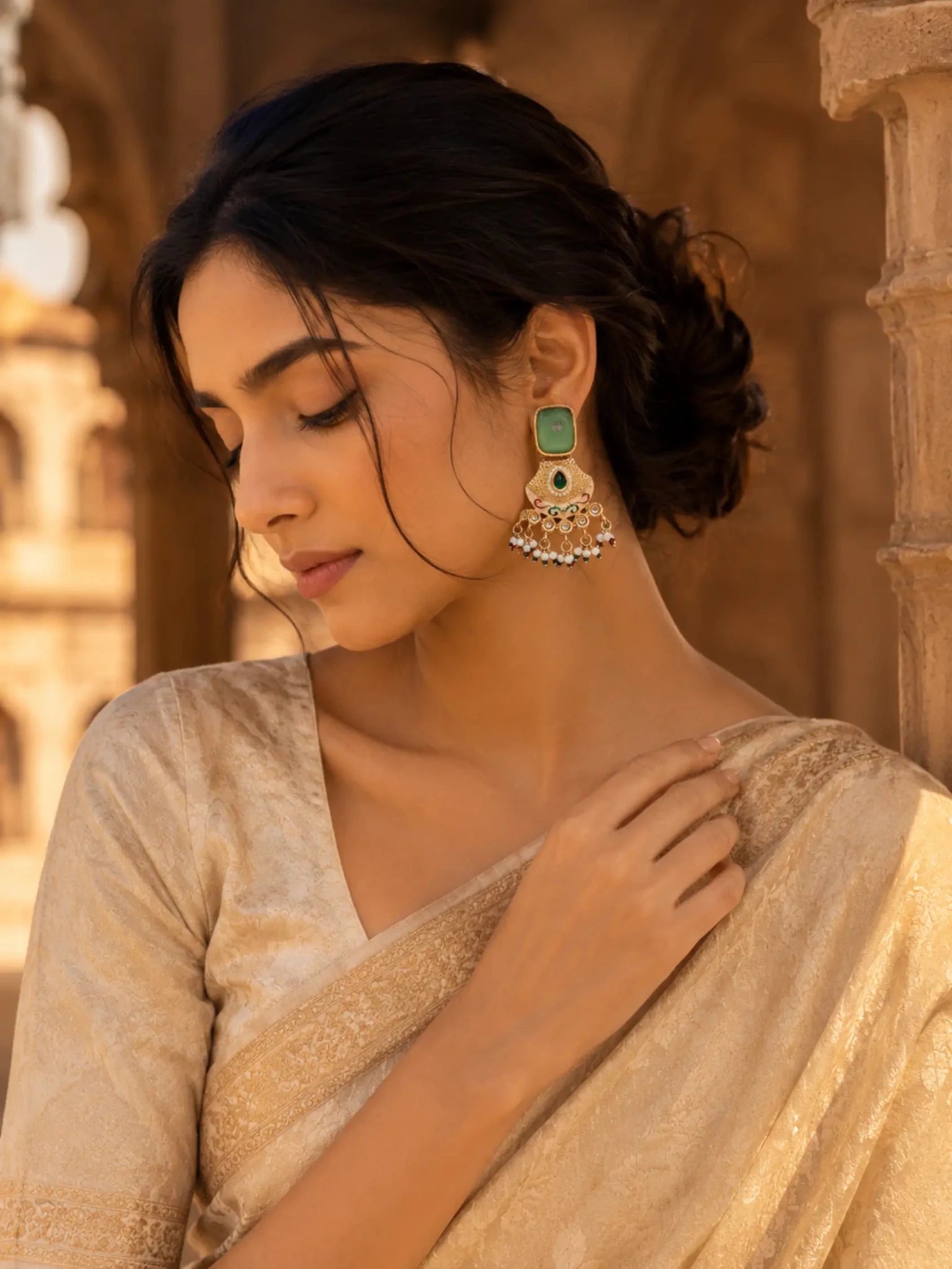 Image of RUH Gold-Plated Pastle Green Rhinestone Accent Earrings - Venyora Fashion