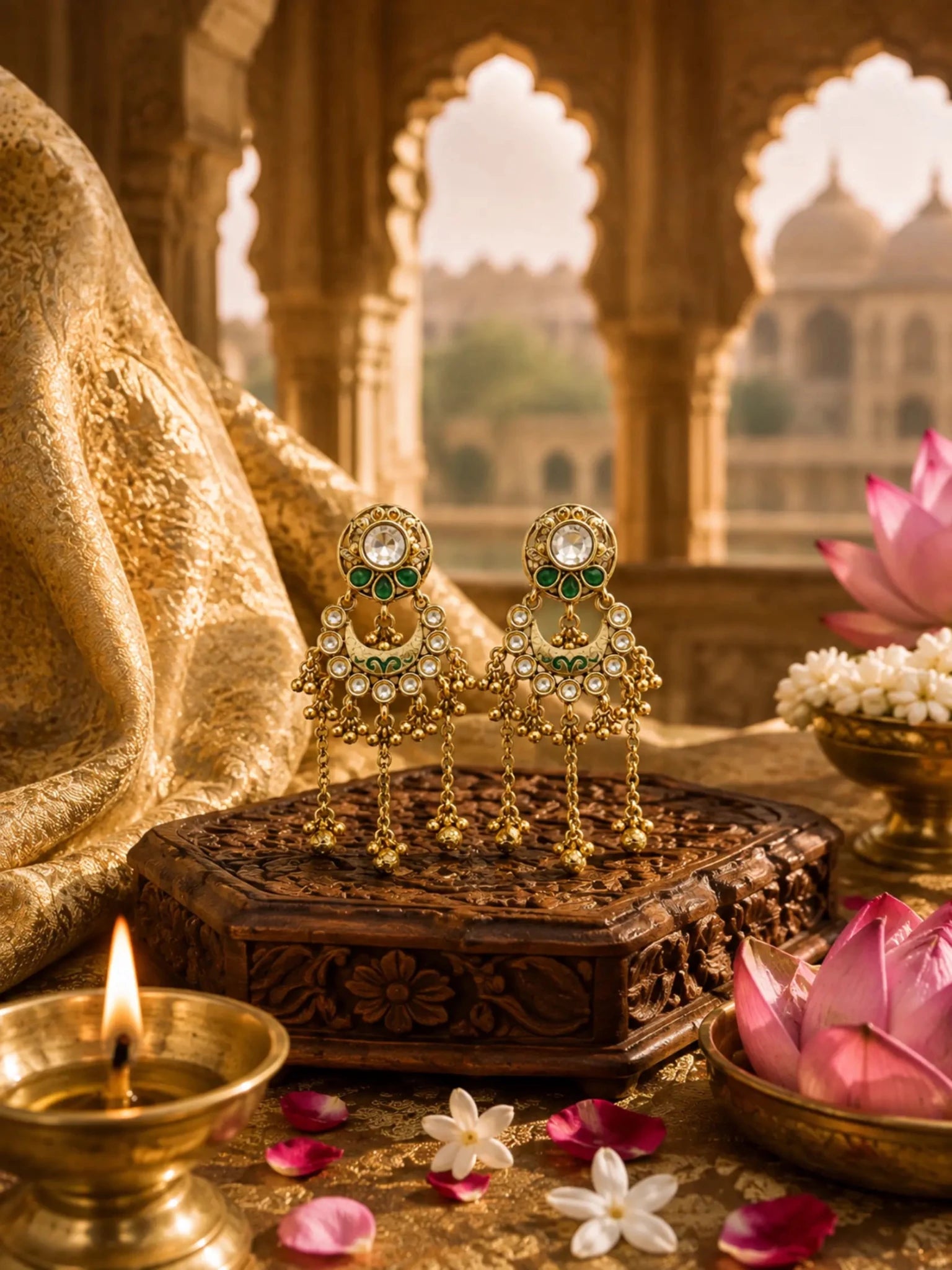 Image of RUKSHMANI Gold-Plated Green Meenakari-Inspired Detailing Earrings - Venyora Fashion
