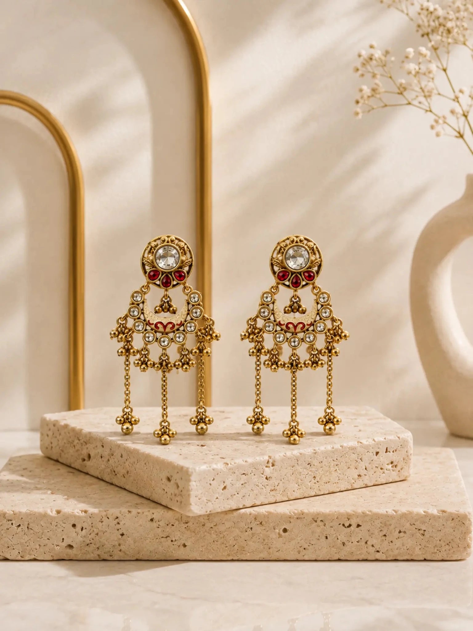 Image of RUKSHMANI Gold-Plated Red Meenakari-Inspired Detailing Earrings - Venyora Fashion
