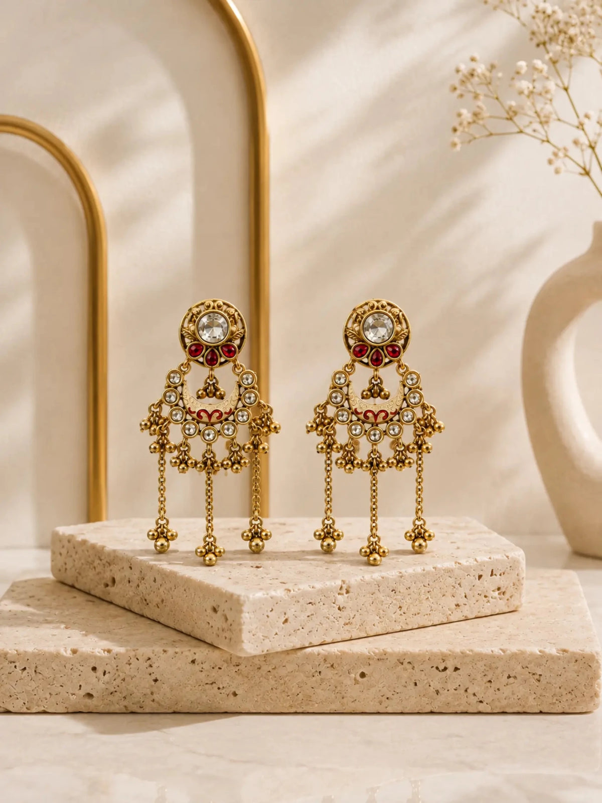 RUKSHMANI Gold-Plated Red Meenakari-Inspired Detailing Earrings - Venyora Fashion