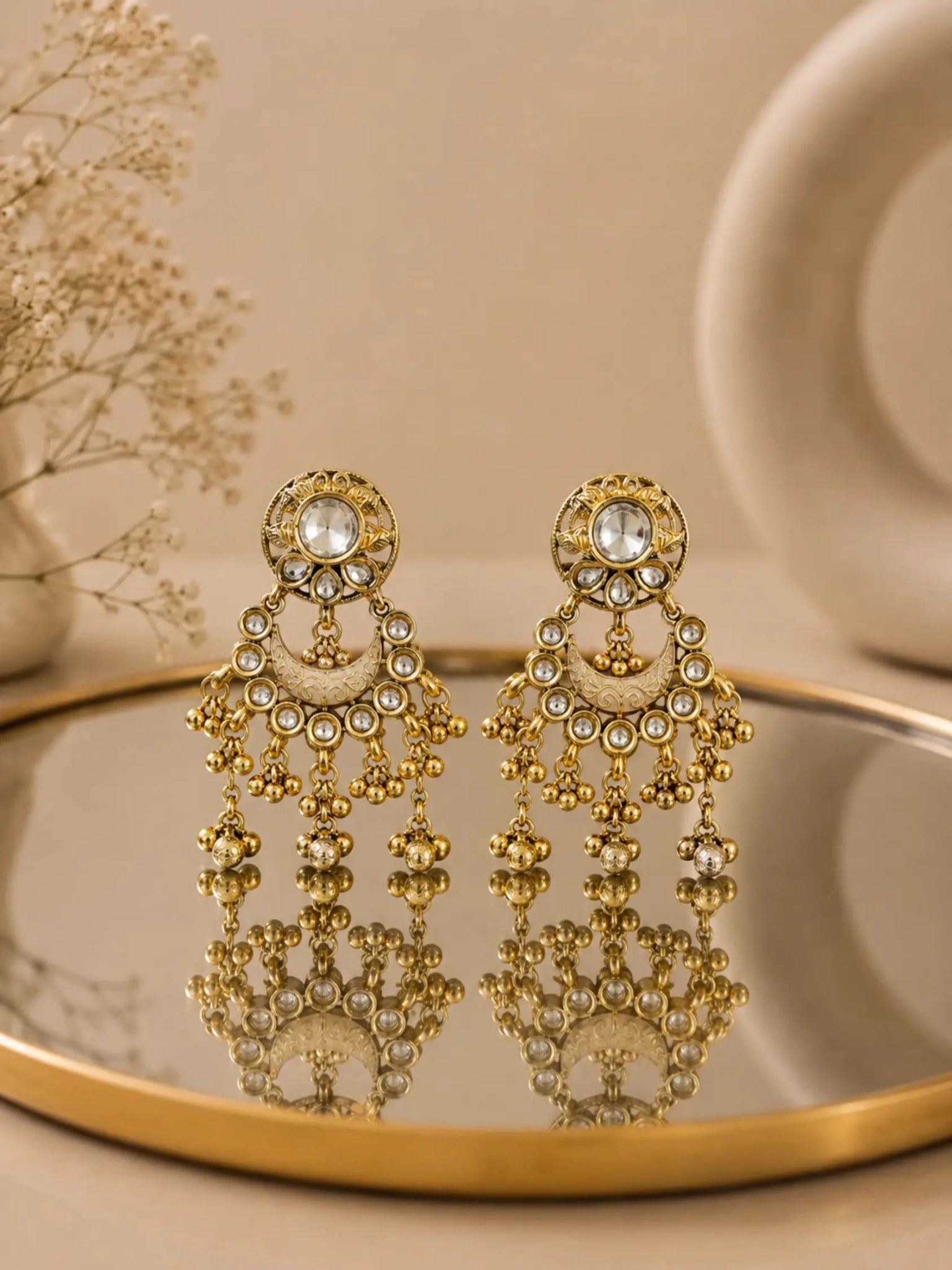 Image of RUKSHMANI Gold-Plated White Meenakari-Inspired Detailing Earrings - Venyora Fashion