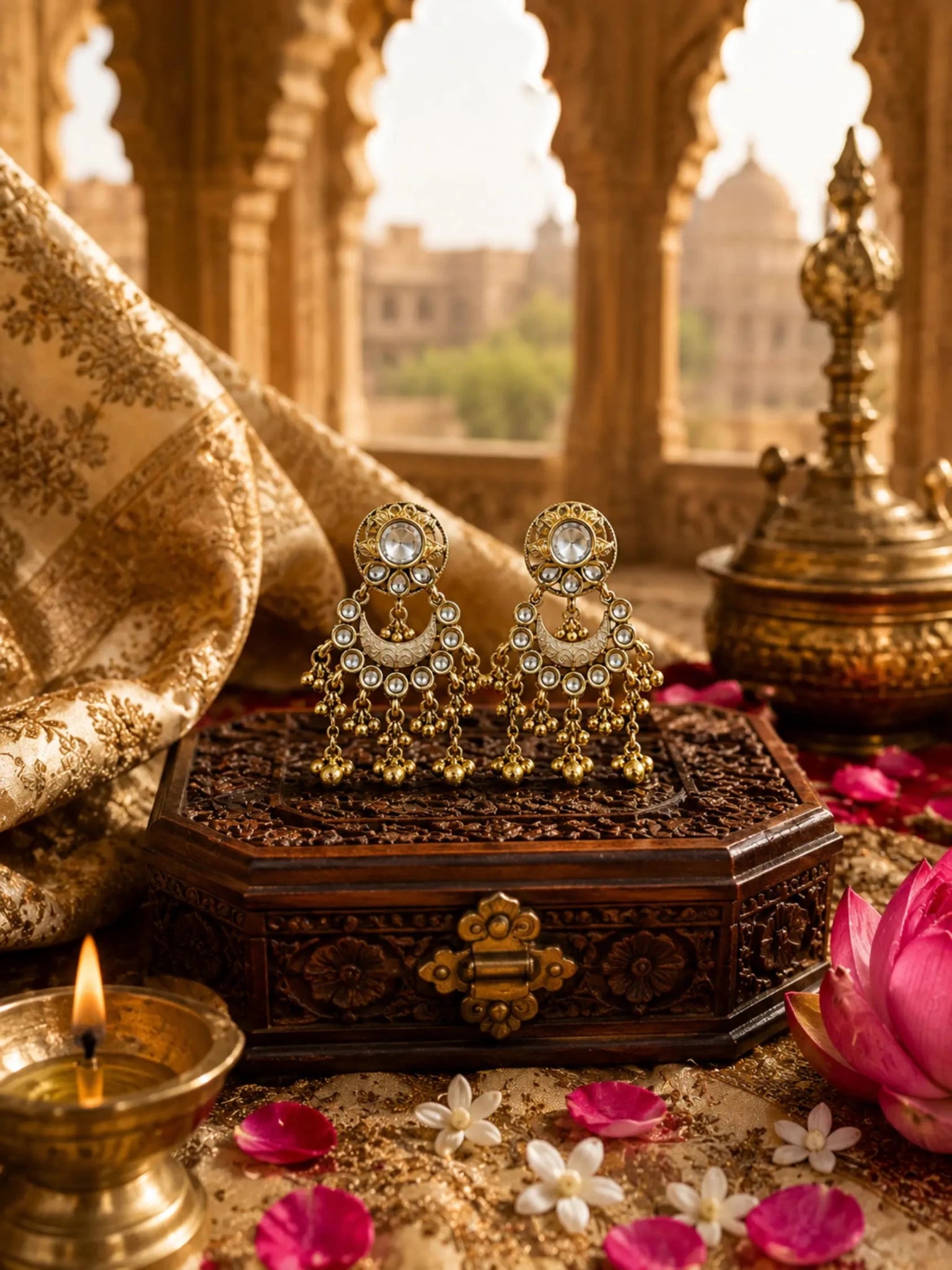 Image of RUKSHMANI Gold-Plated White Meenakari-Inspired Detailing Earrings - Venyora Fashion