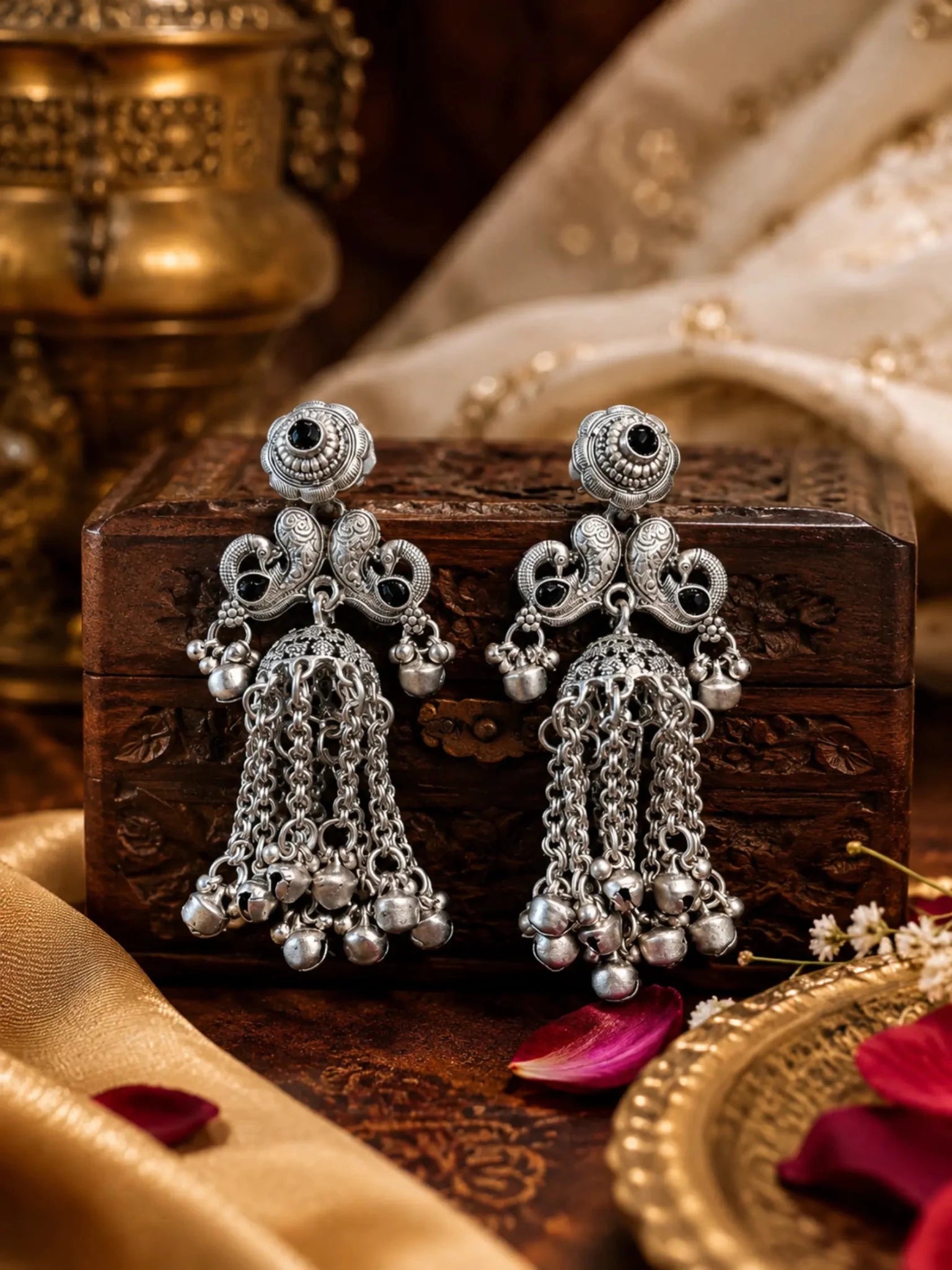 SEVANTI German Silver Ghunghru Black Rhinestone Earrings - Venyora Fashion