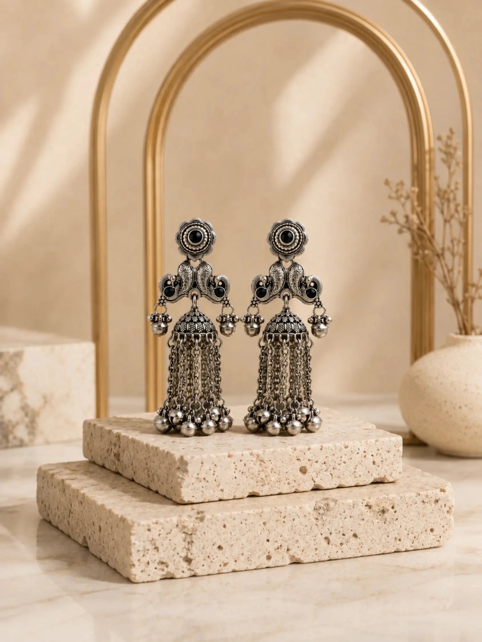 Image of SEVANTI German Silver Ghunghru Black Rhinestone Earrings - Venyora Fashion