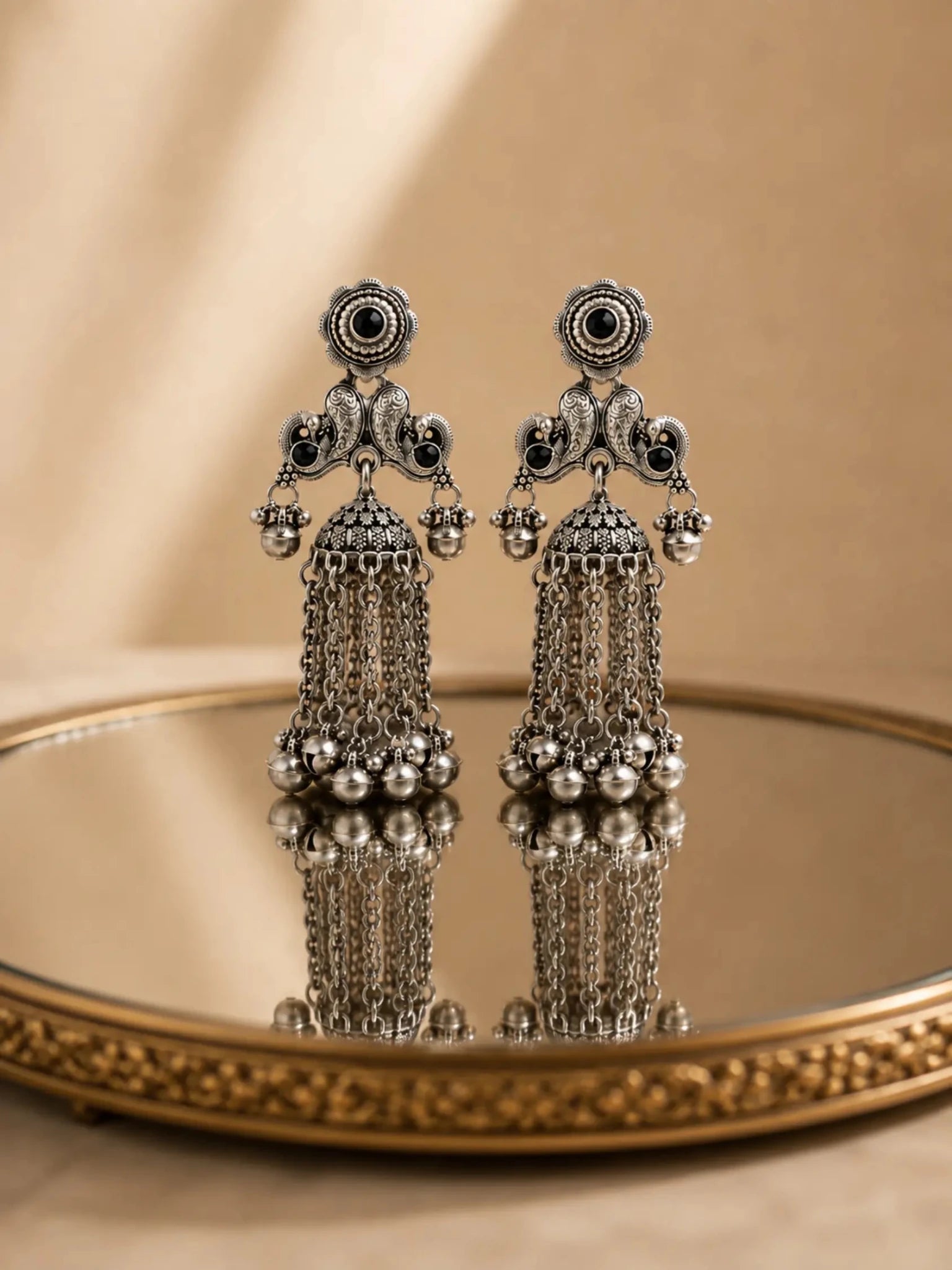 SEVANTI German Silver Ghunghru Black Rhinestone Earrings - Venyora Fashion