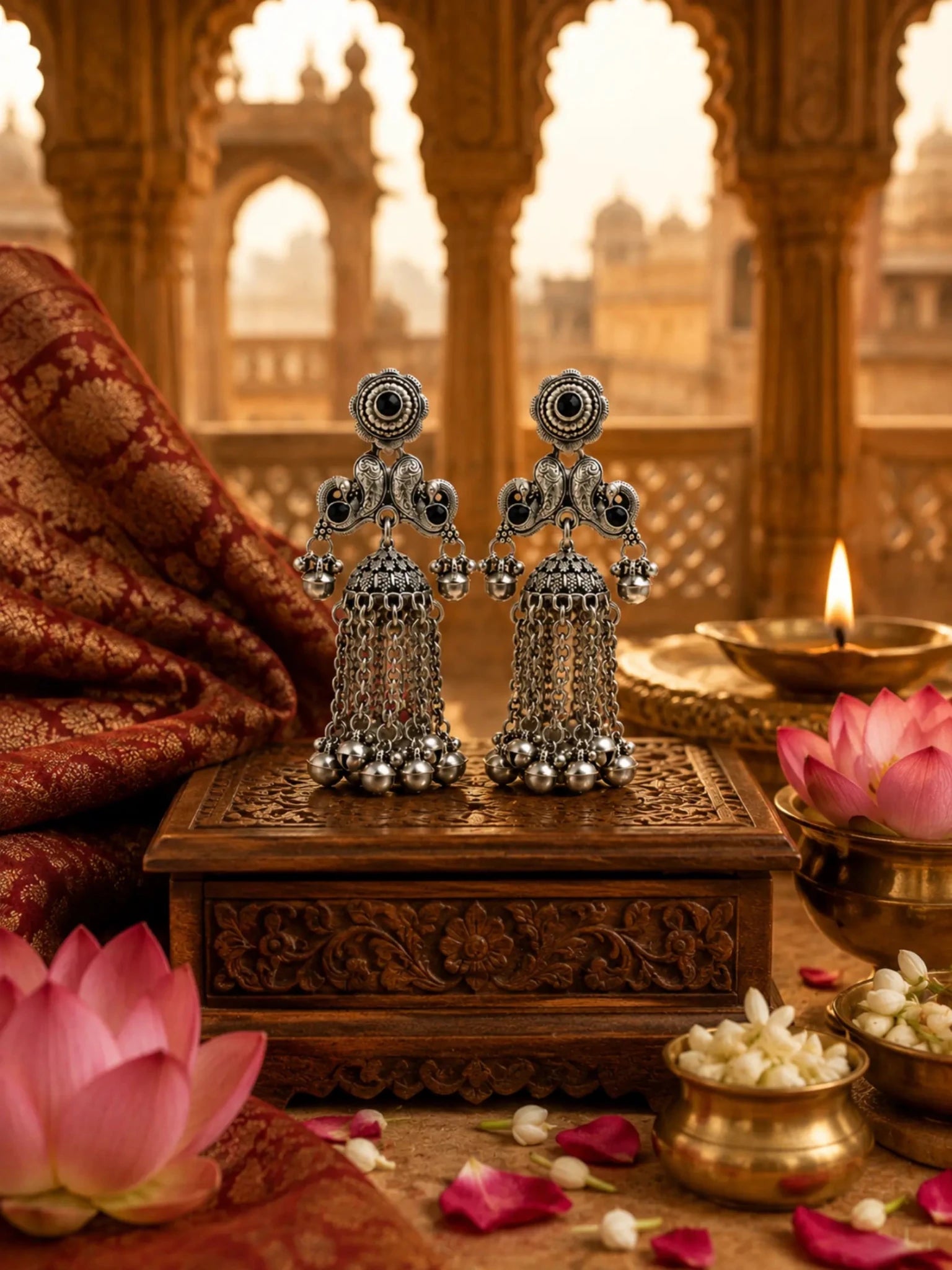 Image of SEVANTI German Silver Ghunghru Black Rhinestone Earrings - Venyora Fashion