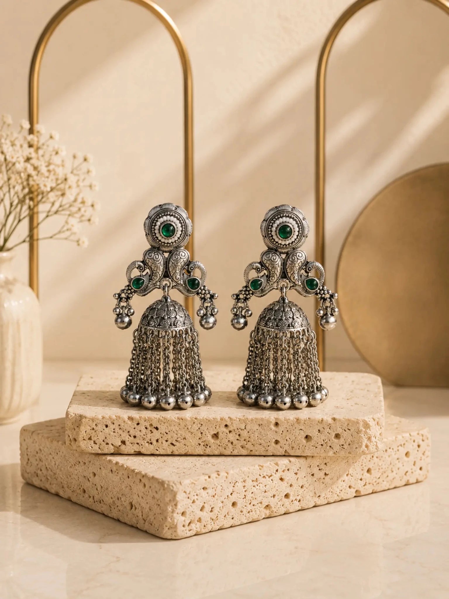 SEVANTI German Silver Ghunghru Dark Green Rhinestone Earrings
