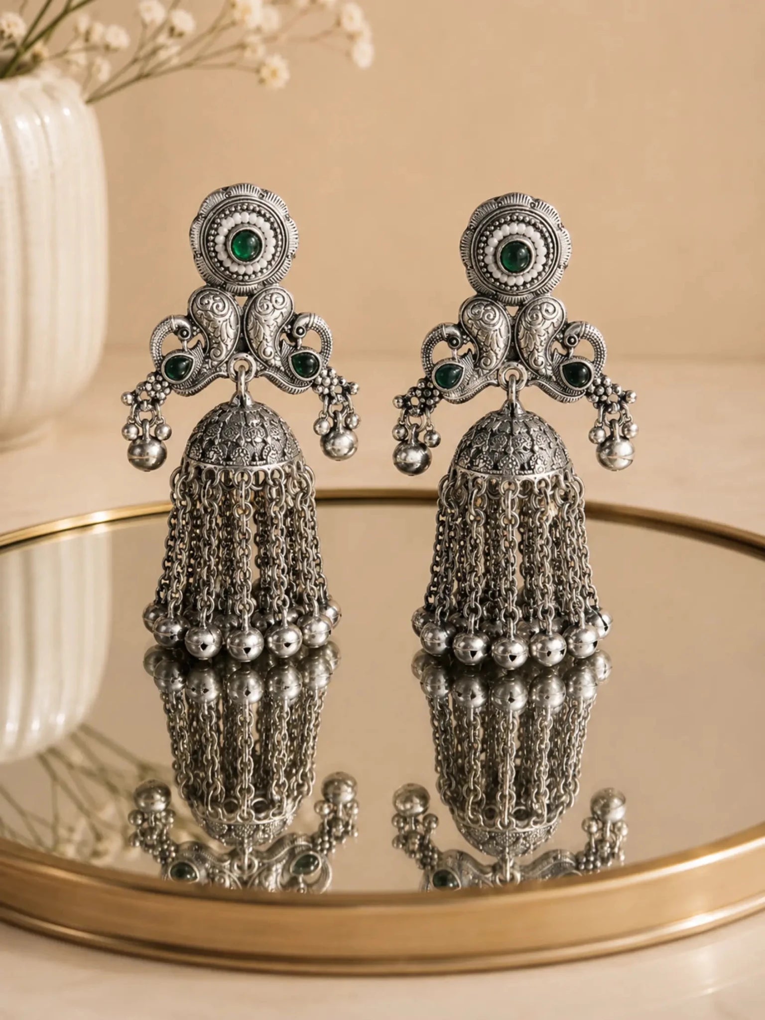 Image of SEVANTI German Silver Ghunghru Dark Green Rhinestone Earrings - Venyora Fashion