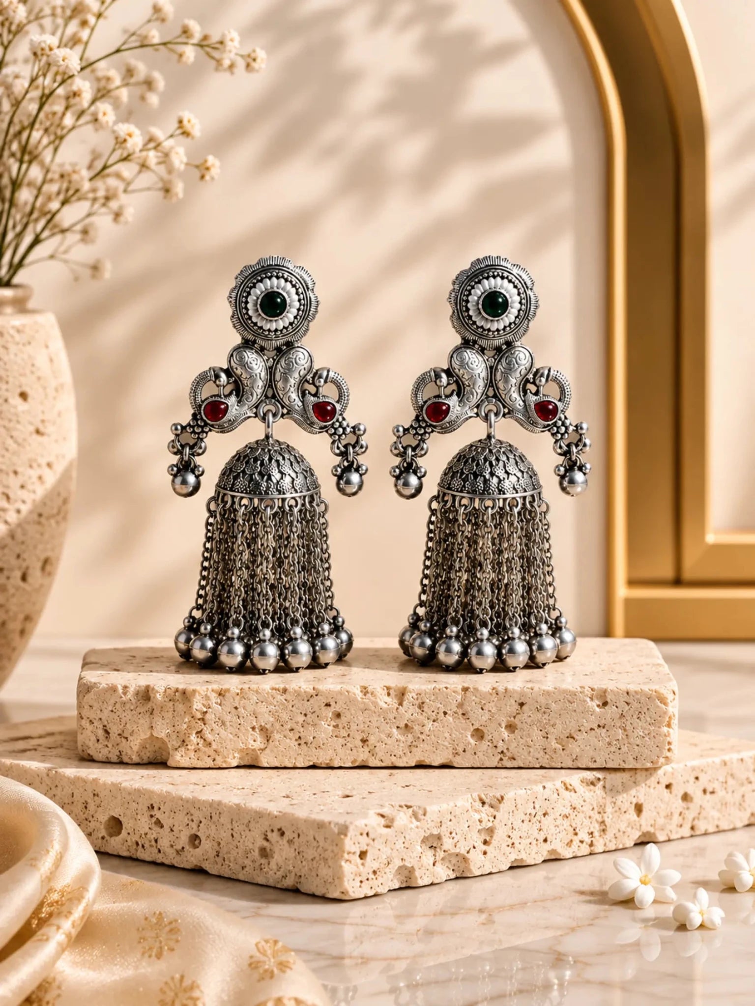 Image of SEVANTI German Silver Ghunghru Dark Pink-Green Rhinestone Earrings - Venyora Fashion